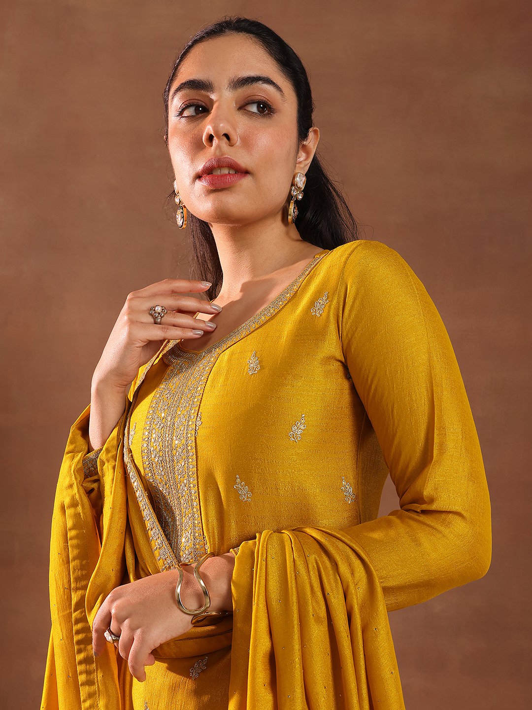 Mustard Embellished Silk Blend Straight Kurta, Trousers and Dupatta Set
