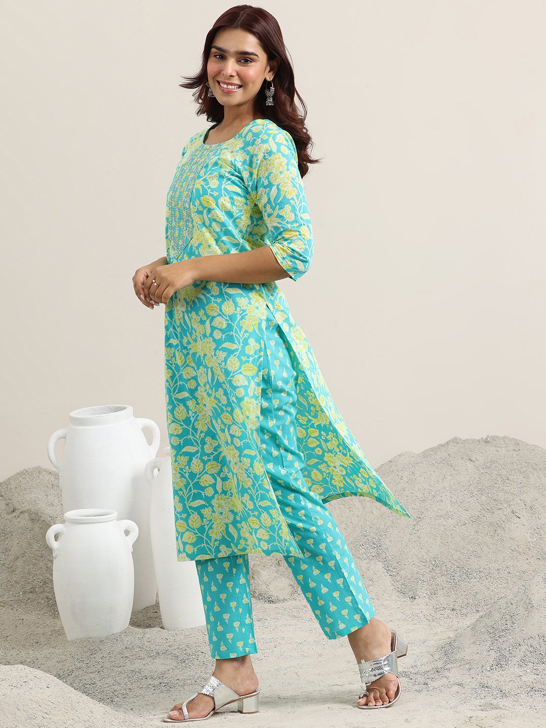 Blue Printed Cotton Straight Kurta, Trousers and Dupatta Set