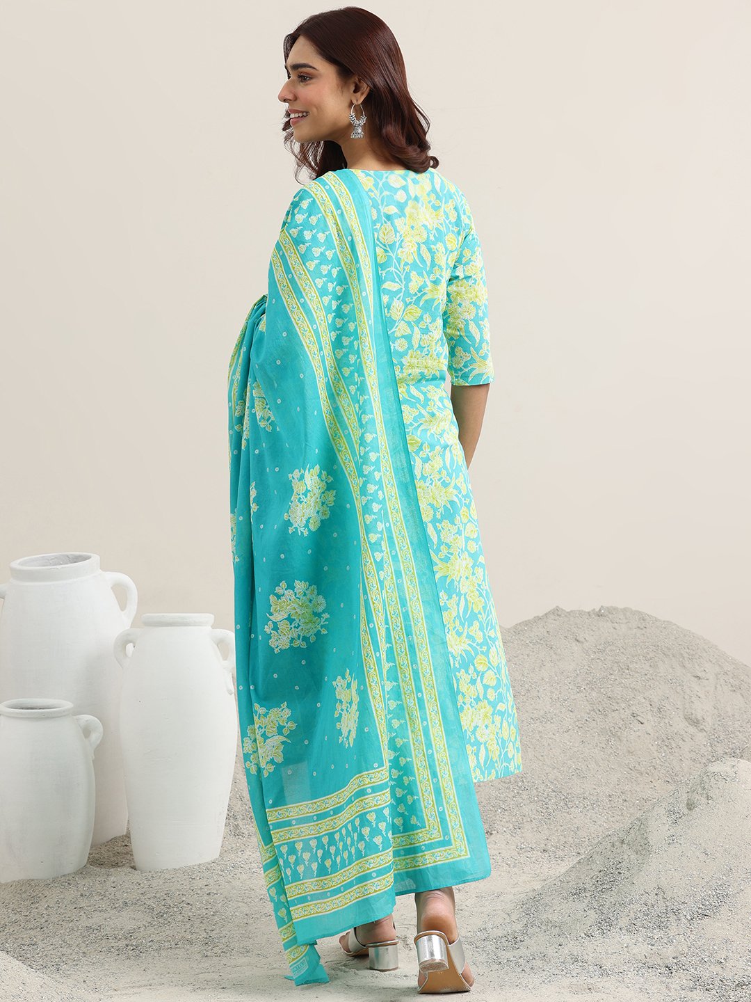 Blue Printed Cotton Straight Kurta, Trousers and Dupatta Set