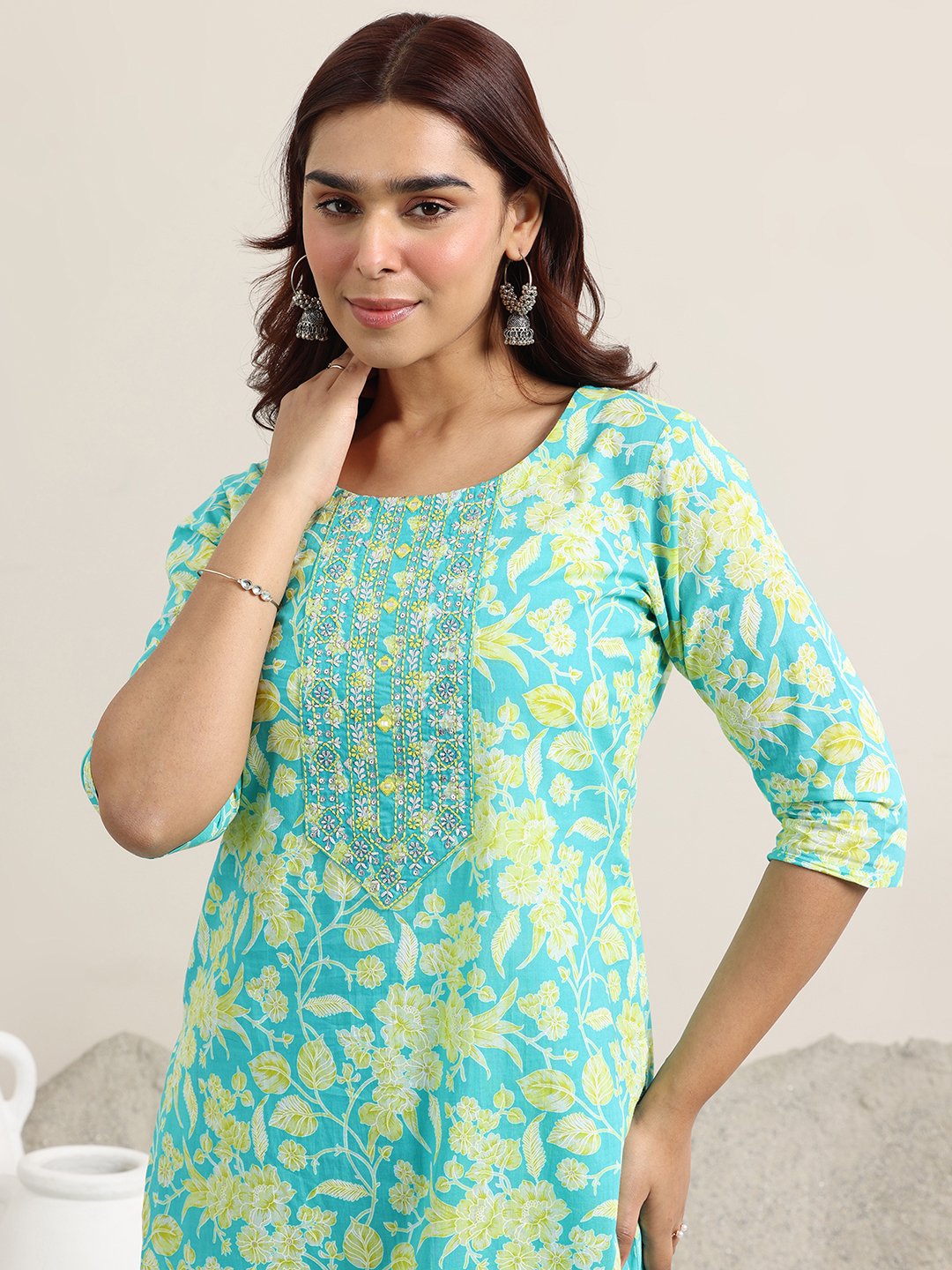 Blue Printed Cotton Straight Kurta, Trousers and Dupatta Set
