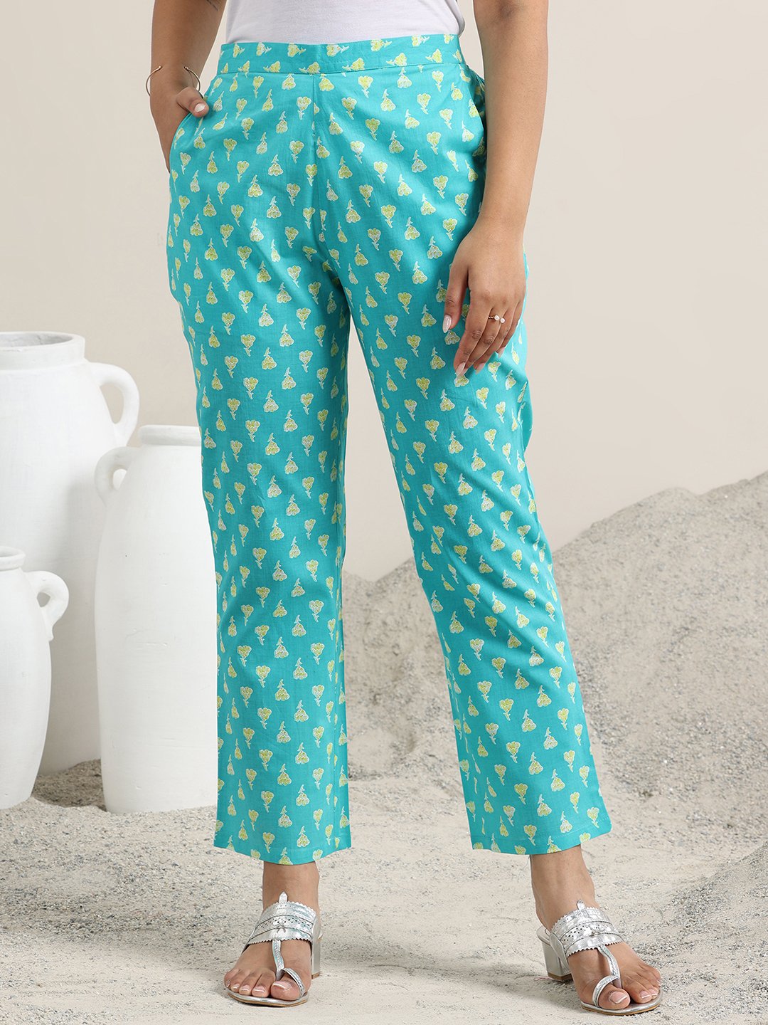 Blue Printed Cotton Straight Kurta, Trousers and Dupatta Set