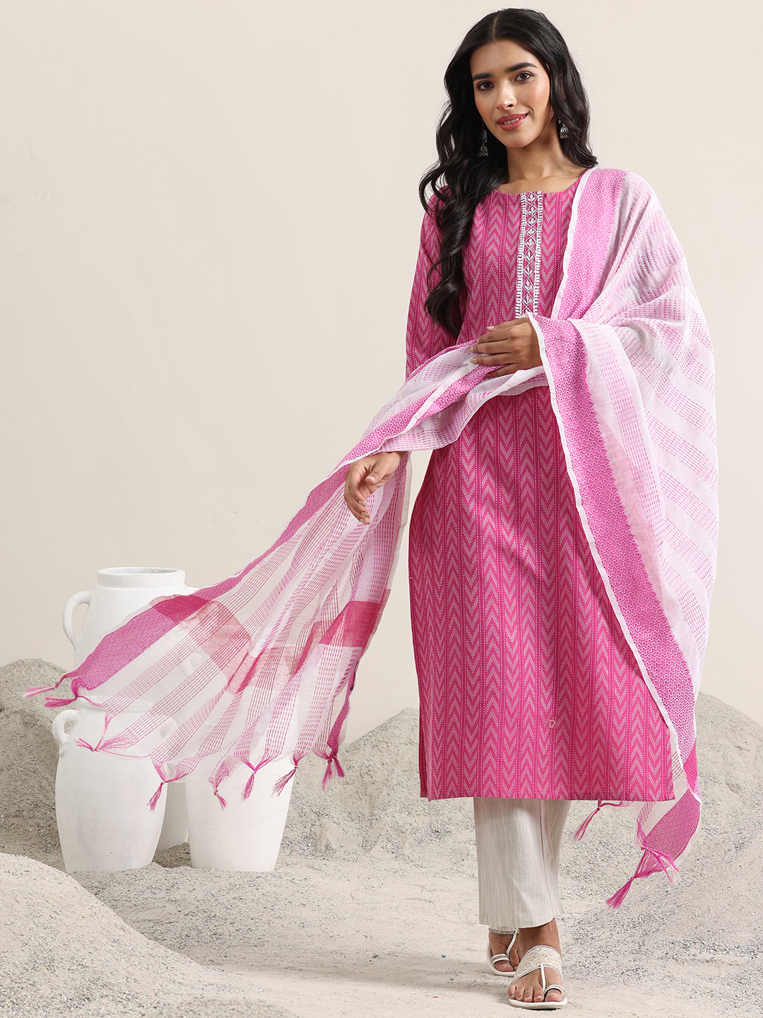 Pink Self Design Cotton Blend Straight Kurta, Trousers and Dupatta Set
