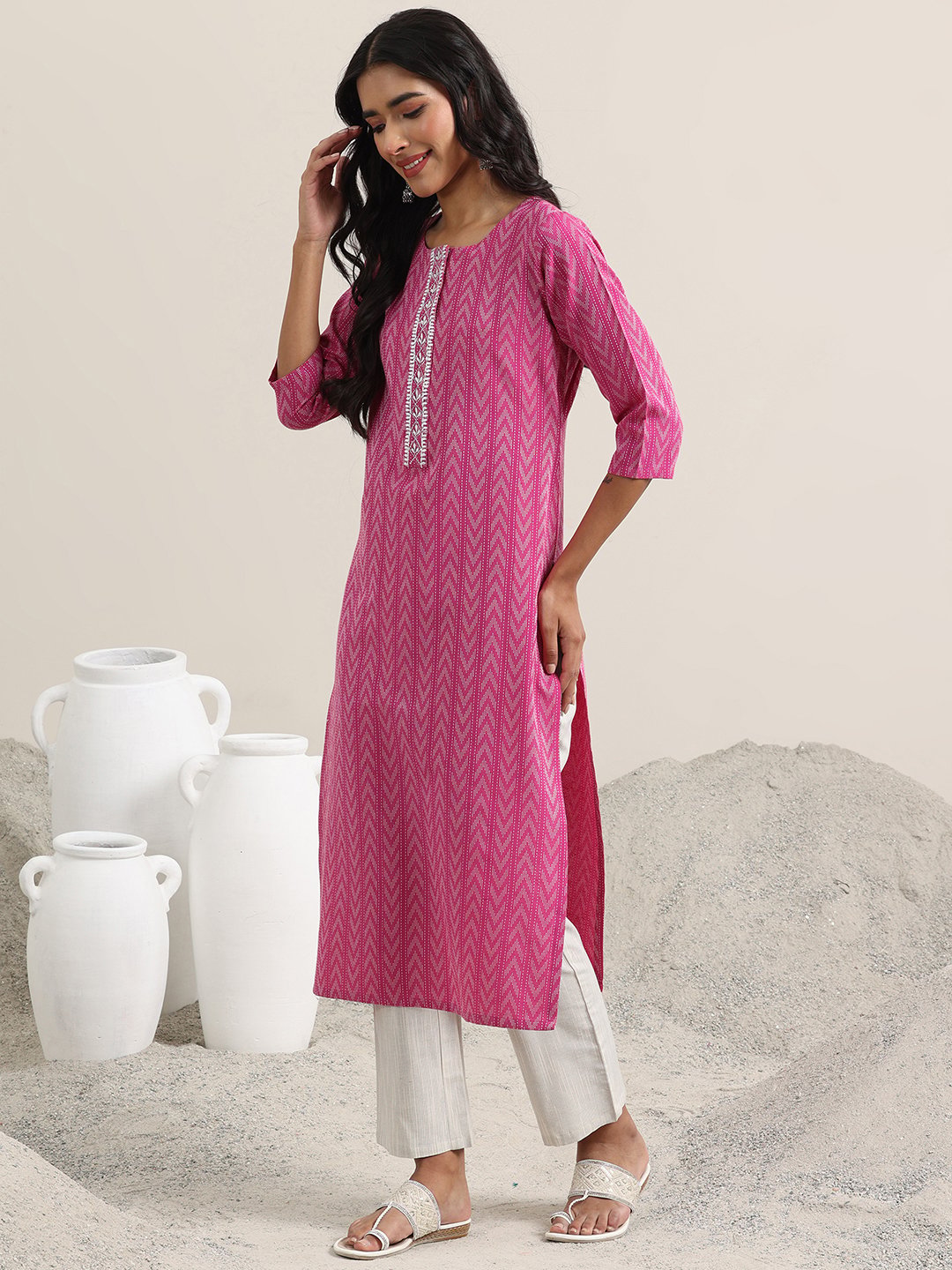Pink Self Design Cotton Blend Straight Kurta, Trousers and Dupatta Set