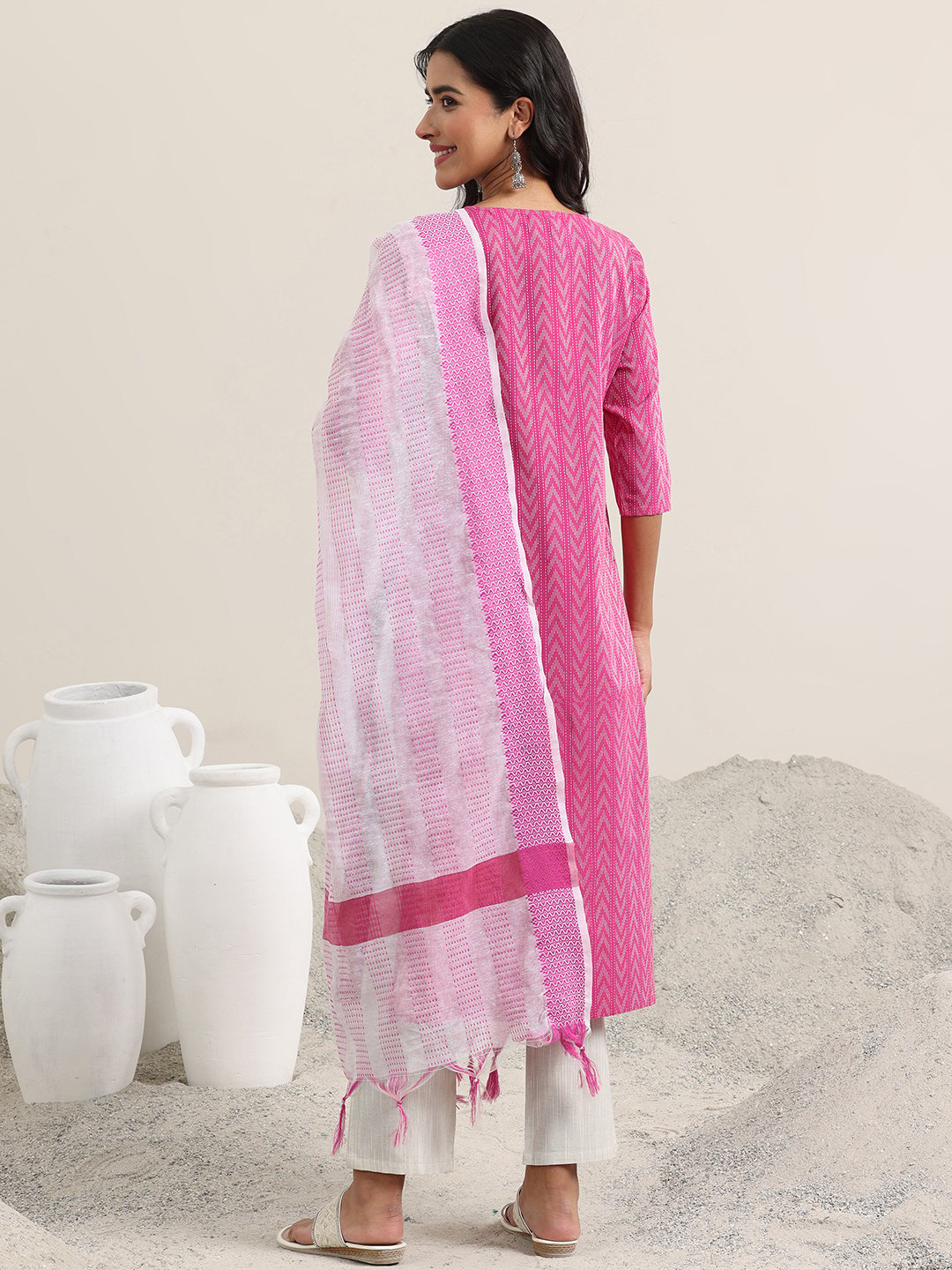 Pink Self Design Cotton Blend Straight Kurta, Trousers and Dupatta Set