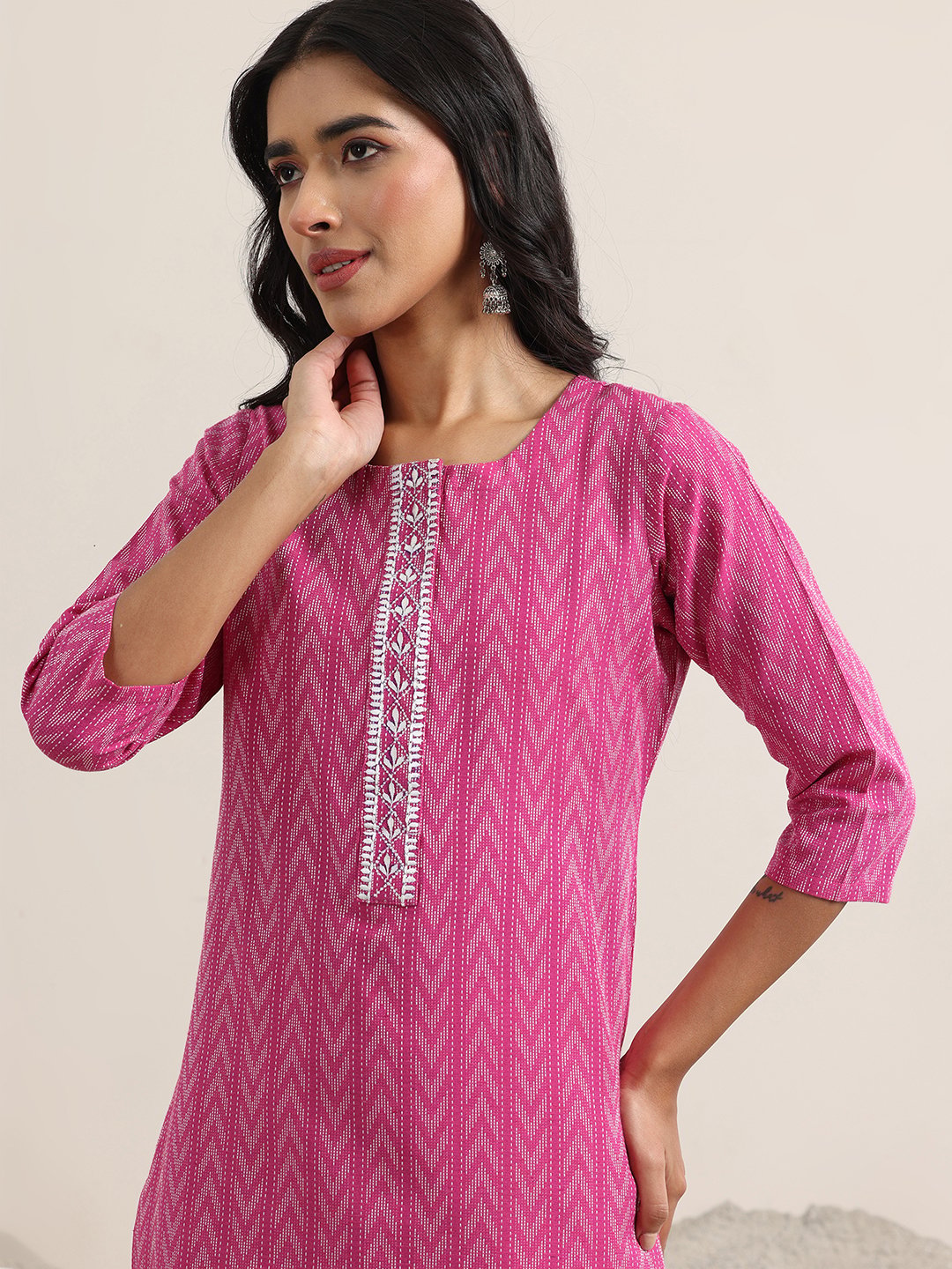Pink Self Design Cotton Blend Straight Kurta, Trousers and Dupatta Set