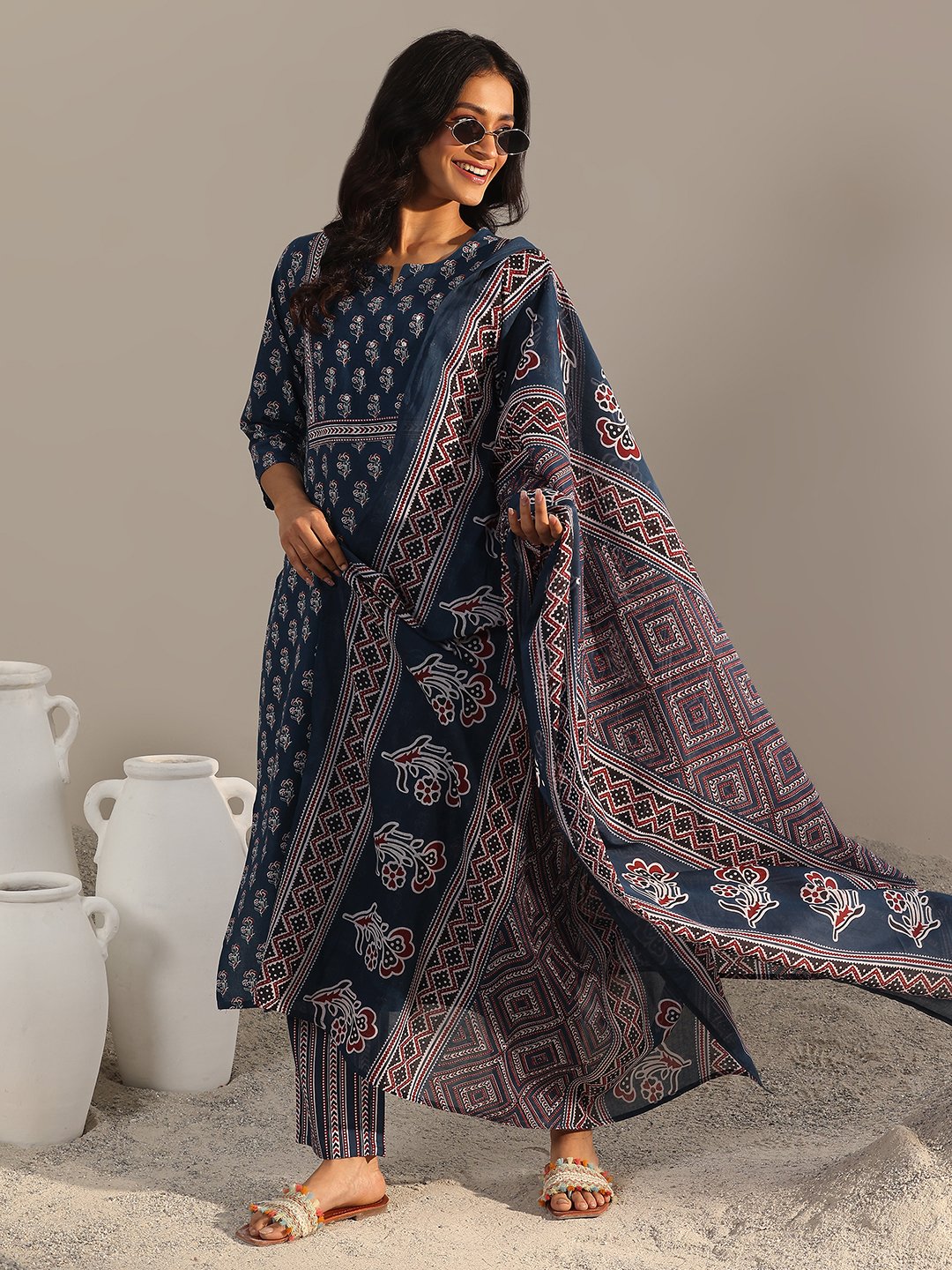 Blue Printed Cotton Straight Kurta, Trousers and Dupatta Set