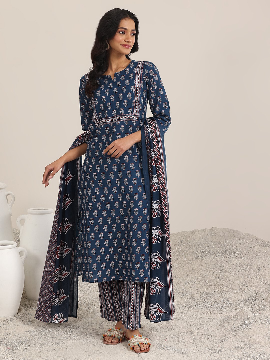 Blue Printed Cotton Straight Kurta, Trousers and Dupatta Set