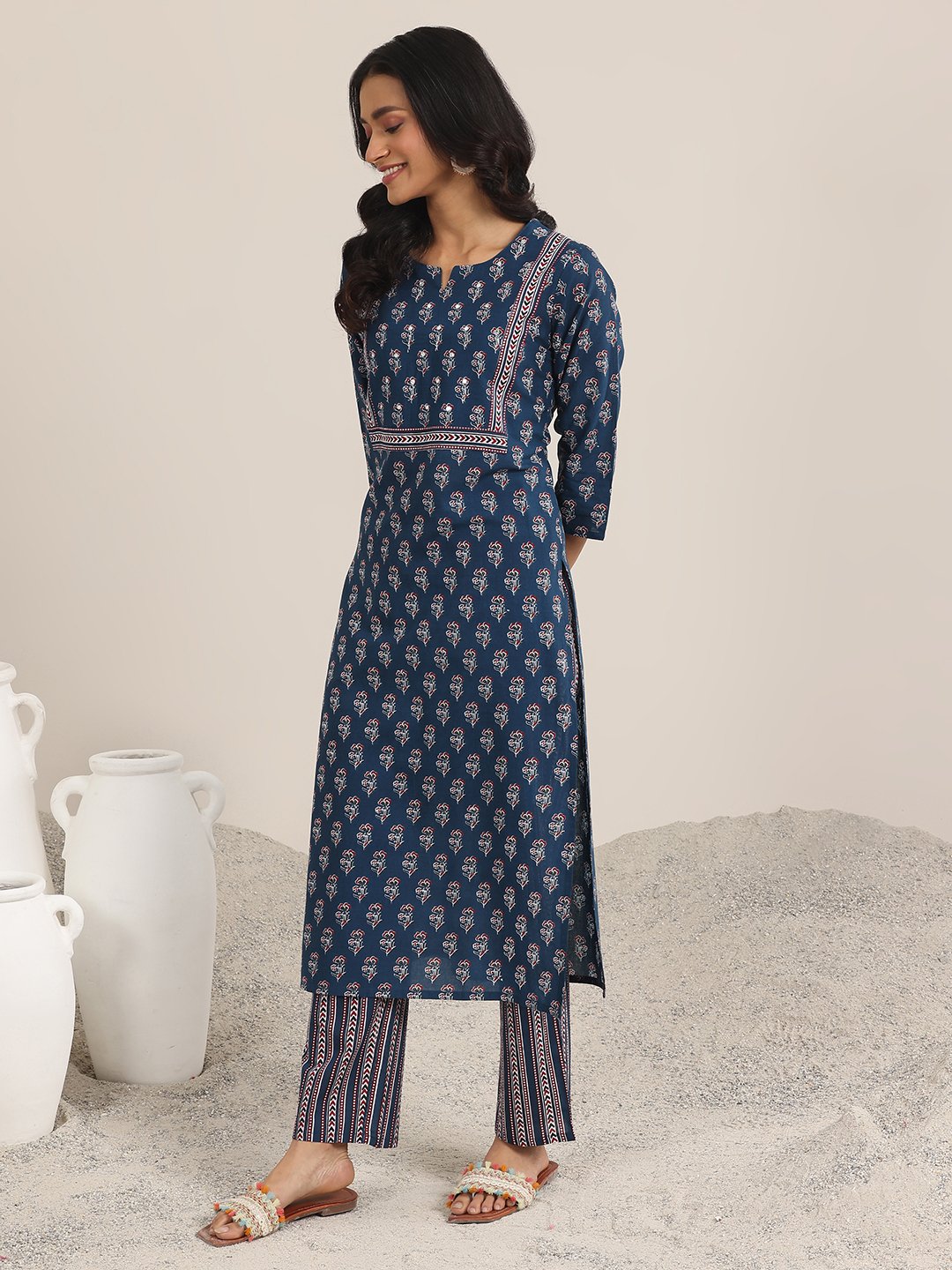 Blue Printed Cotton Straight Kurta, Trousers and Dupatta Set