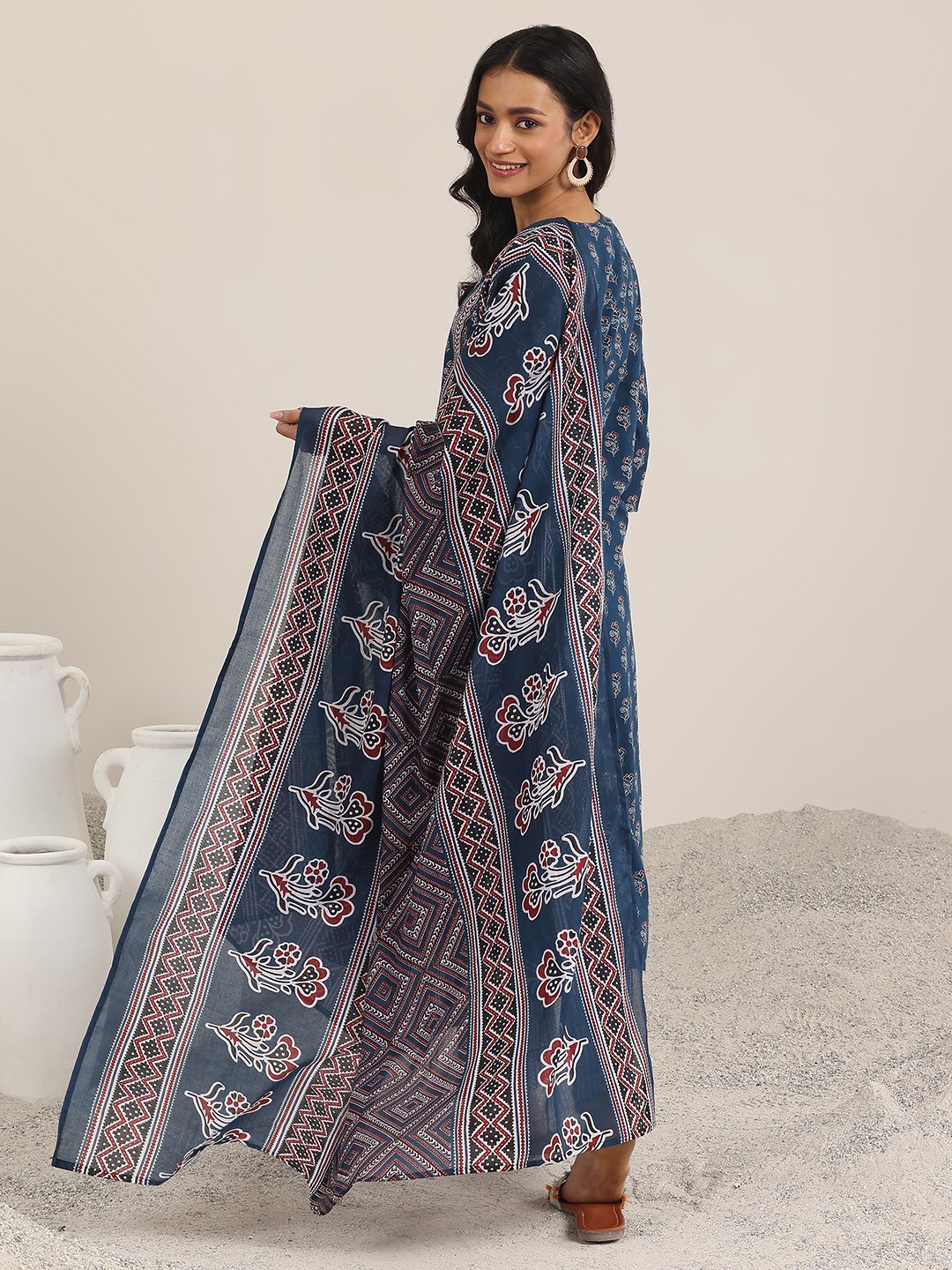Blue Printed Cotton Straight Kurta, Trousers and Dupatta Set
