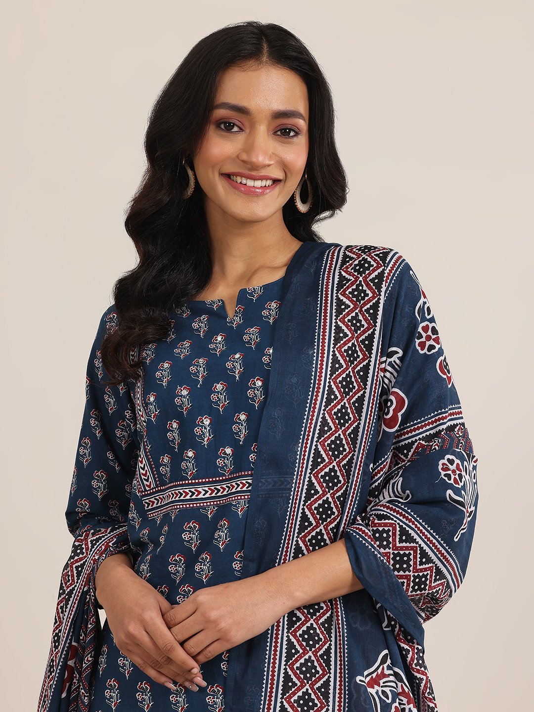 Blue Printed Cotton Straight Kurta, Trousers and Dupatta Set