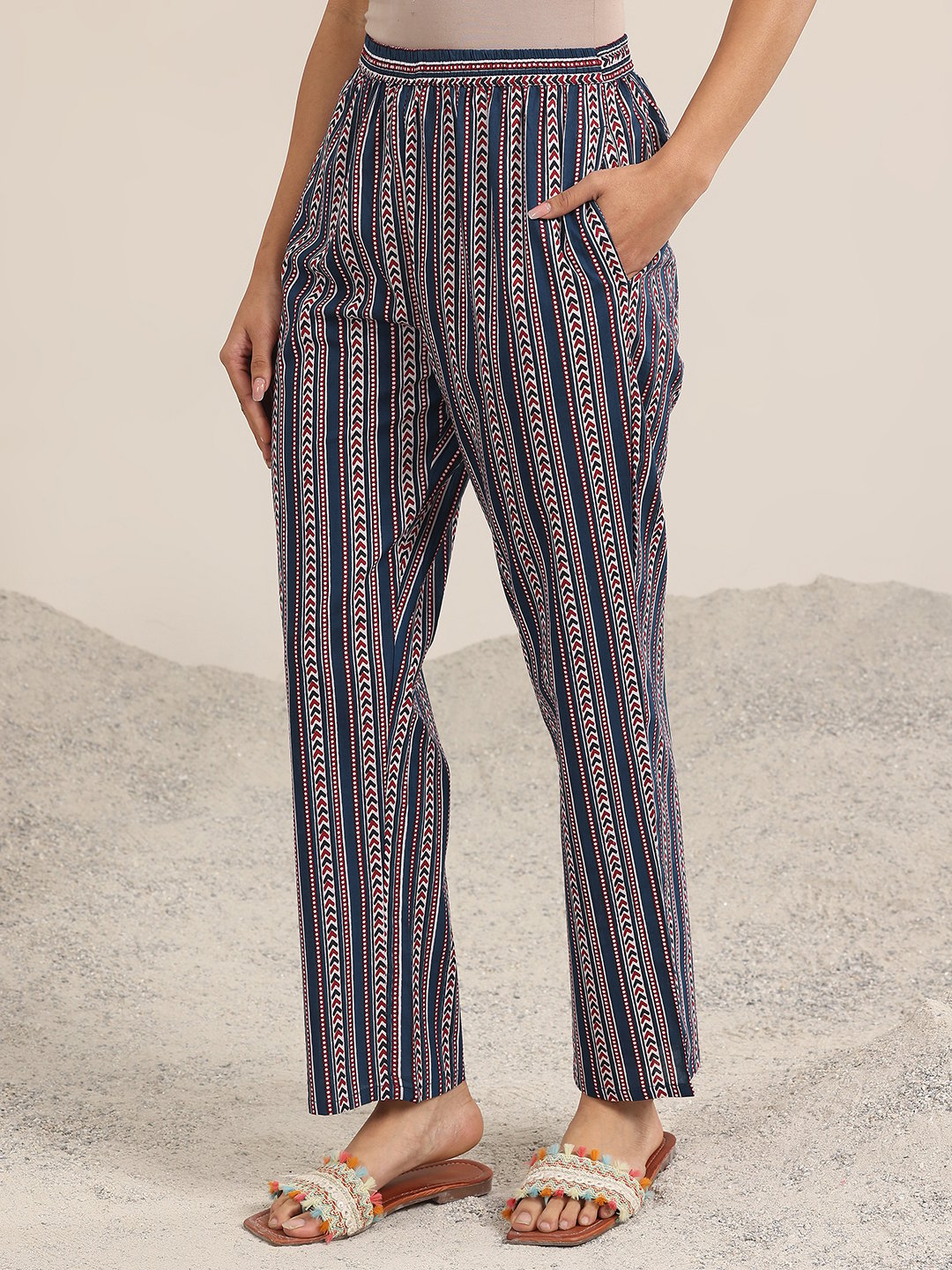 Blue Printed Cotton Straight Kurta, Trousers and Dupatta Set