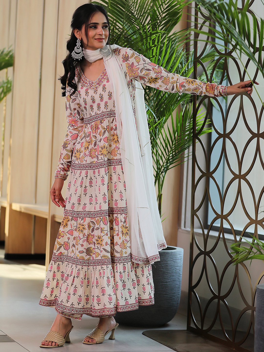 Off white Printed Cotton A-Line Kurta and Trousers Set and Dupatta