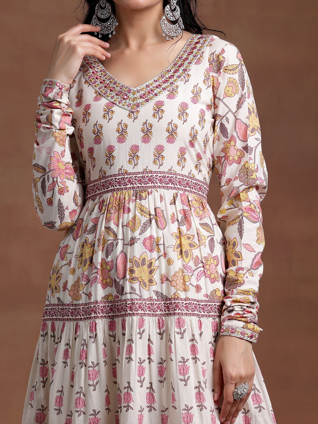 Off white Printed Cotton A-Line Kurta and Trousers Set and Dupatta