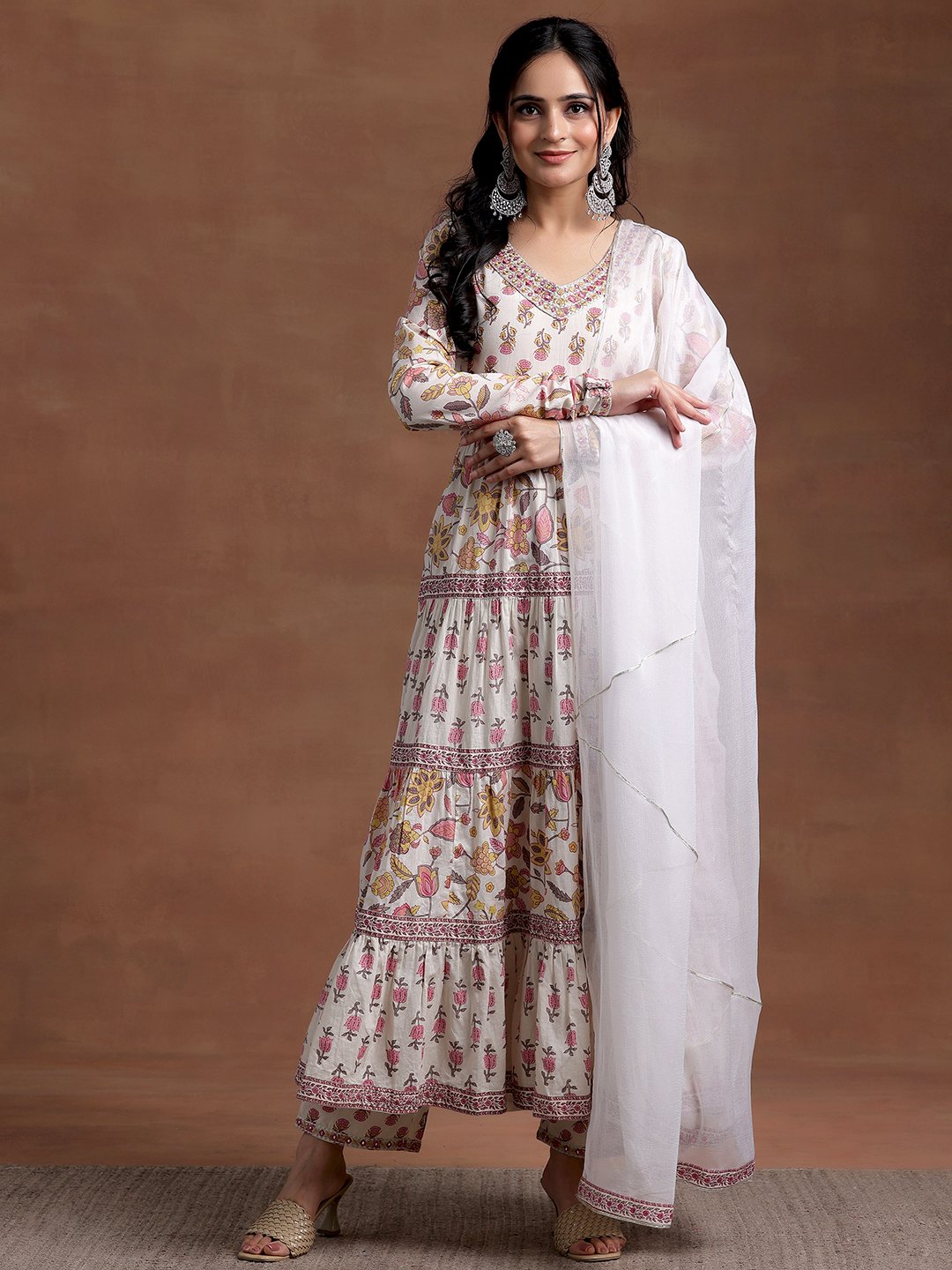 Off white Printed Cotton A-Line Kurta and Trousers Set and Dupatta
