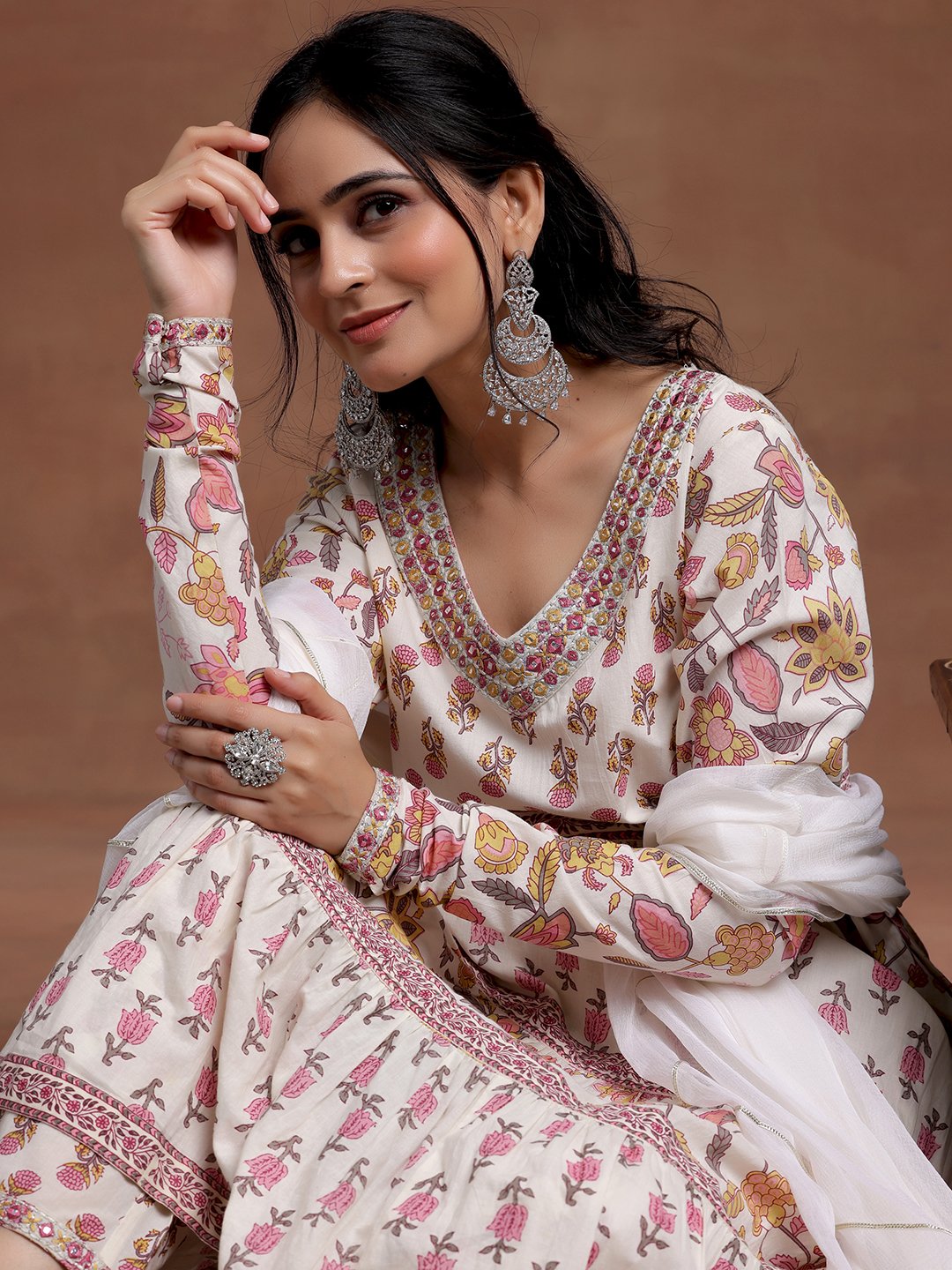 Off white Printed Cotton A-Line Kurta and Trousers Set and Dupatta