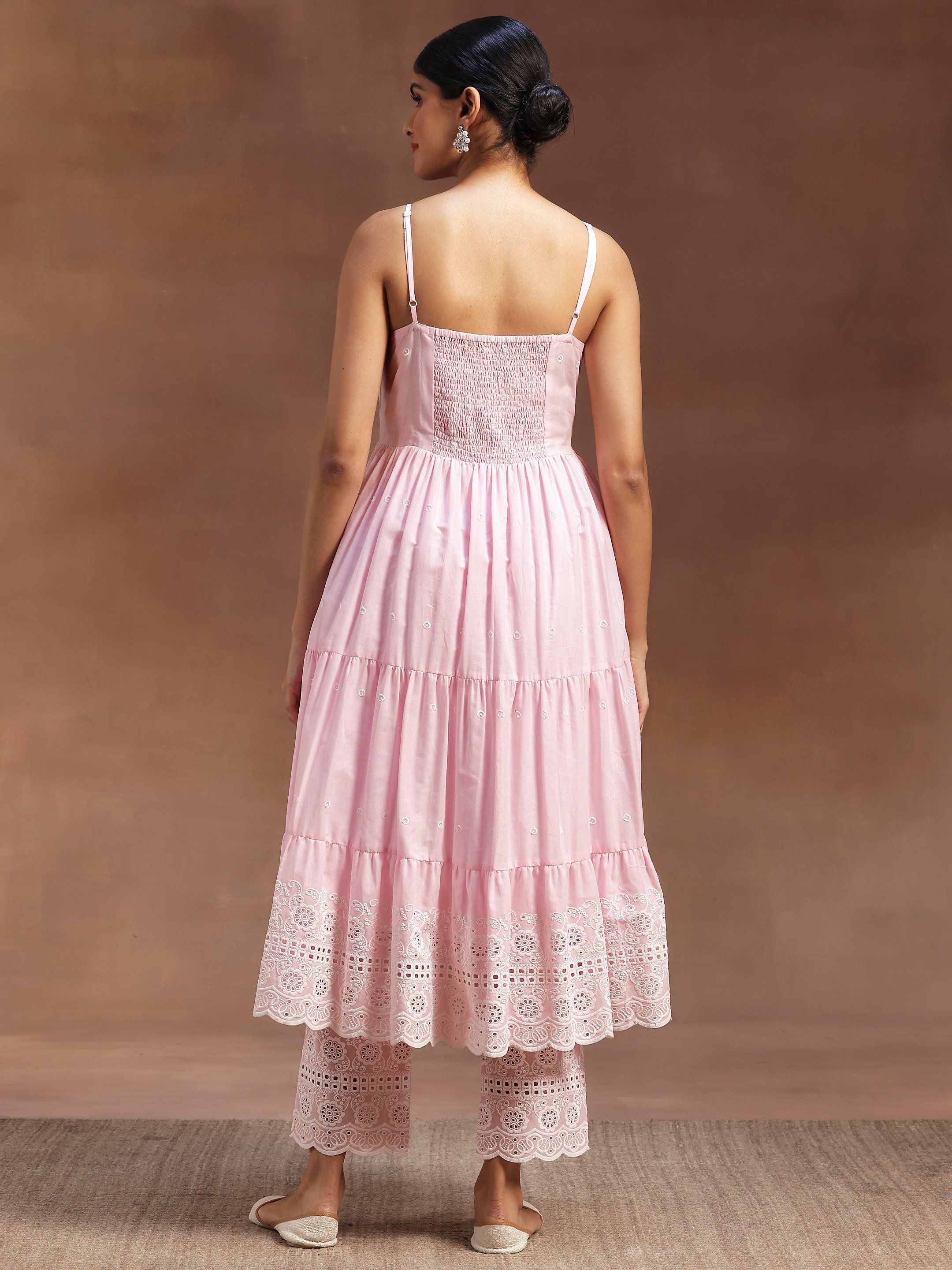Pink Self Design Cotton Anarkali Kurta and Trousers Set
