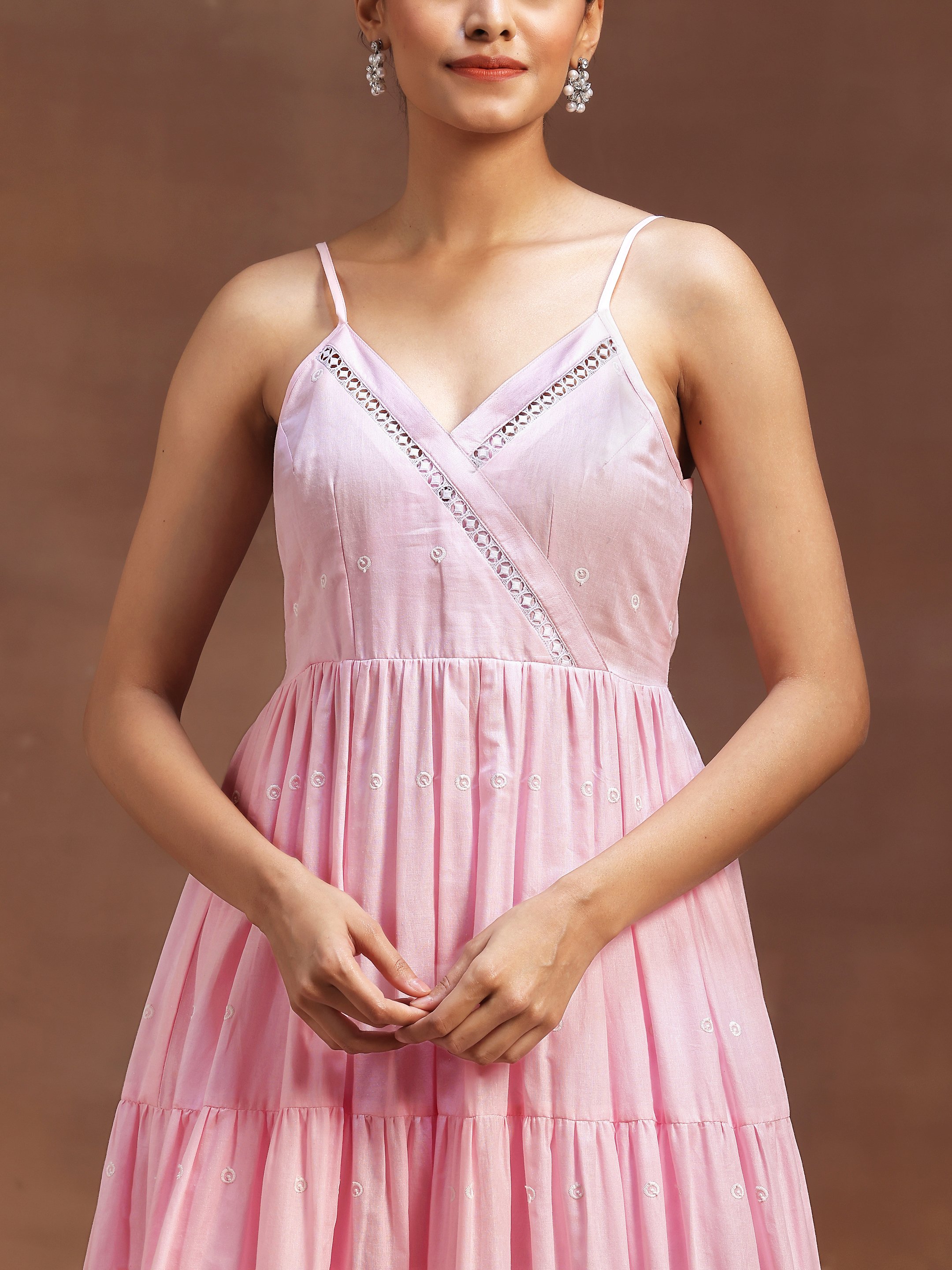 Pink Self Design Cotton Anarkali Kurta and Trousers Set