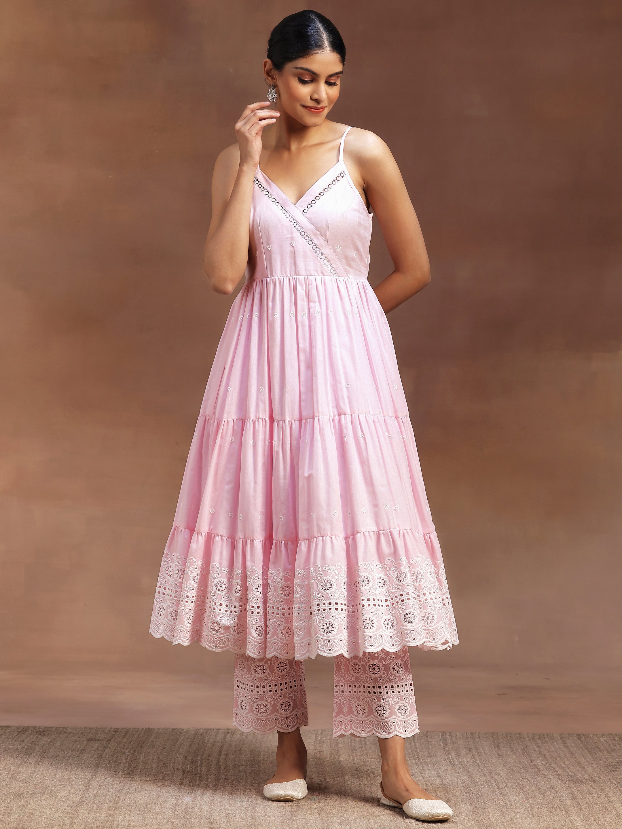 Pink Self Design Cotton Anarkali Kurta and Trousers Set