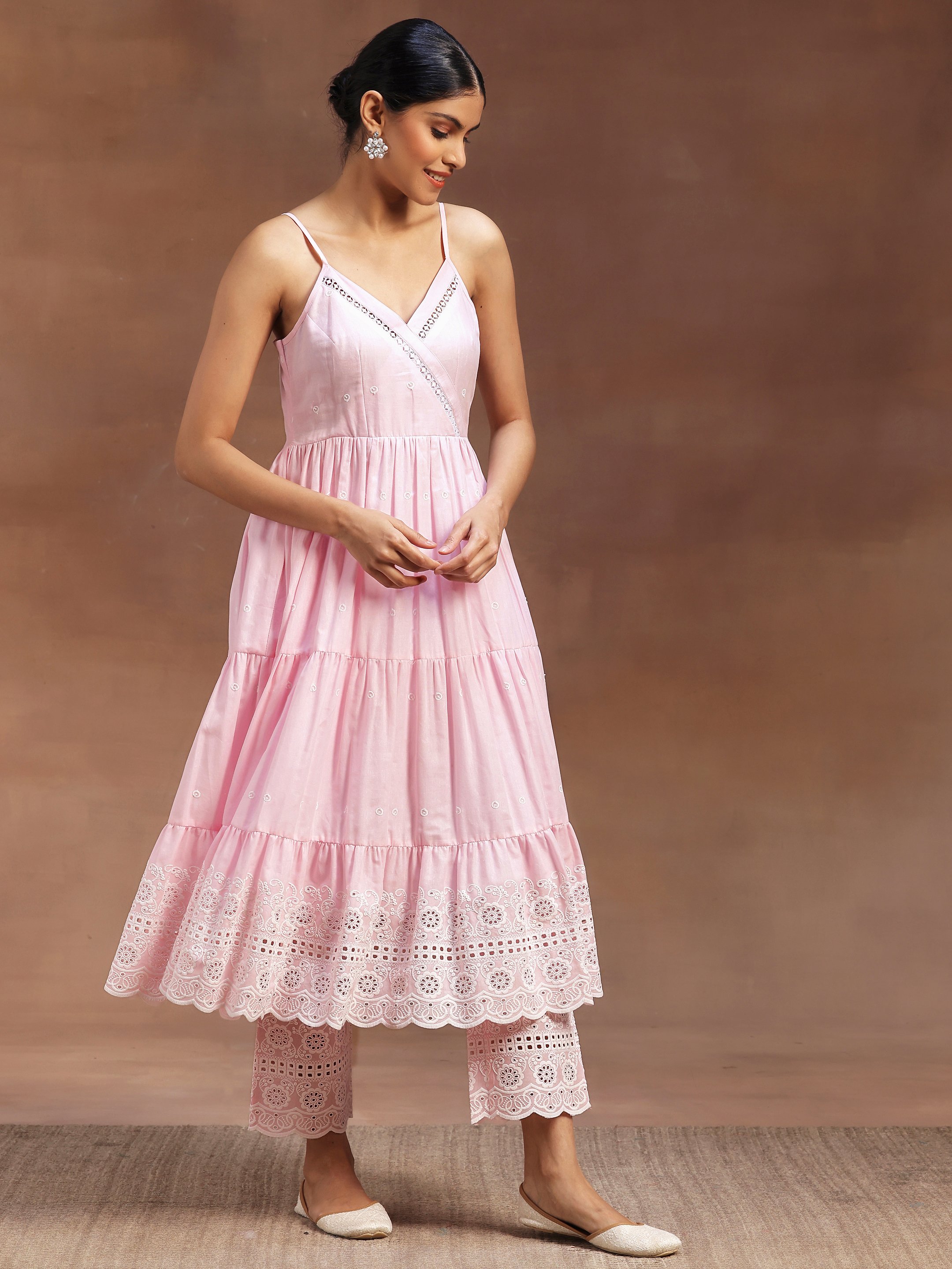 Pink Self Design Cotton Anarkali Kurta and Trousers Set