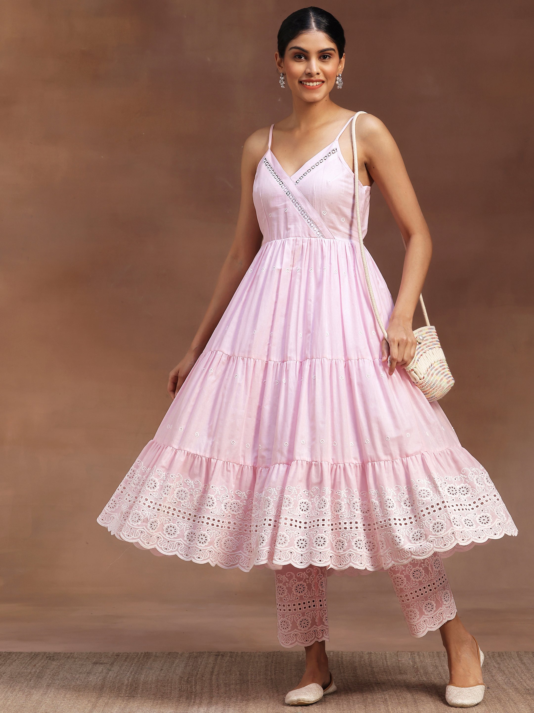 Pink Self Design Cotton Anarkali Kurta and Trousers Set