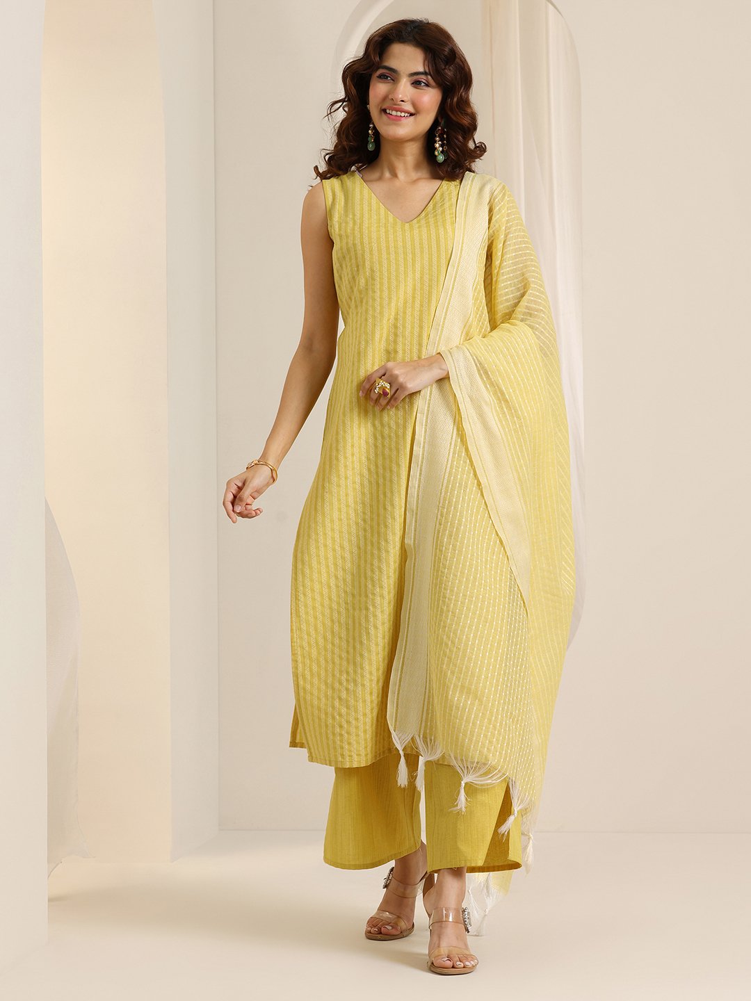 Yellow Self Design Silk Blend Straight Kurta, Palazzos and Dupatta Set