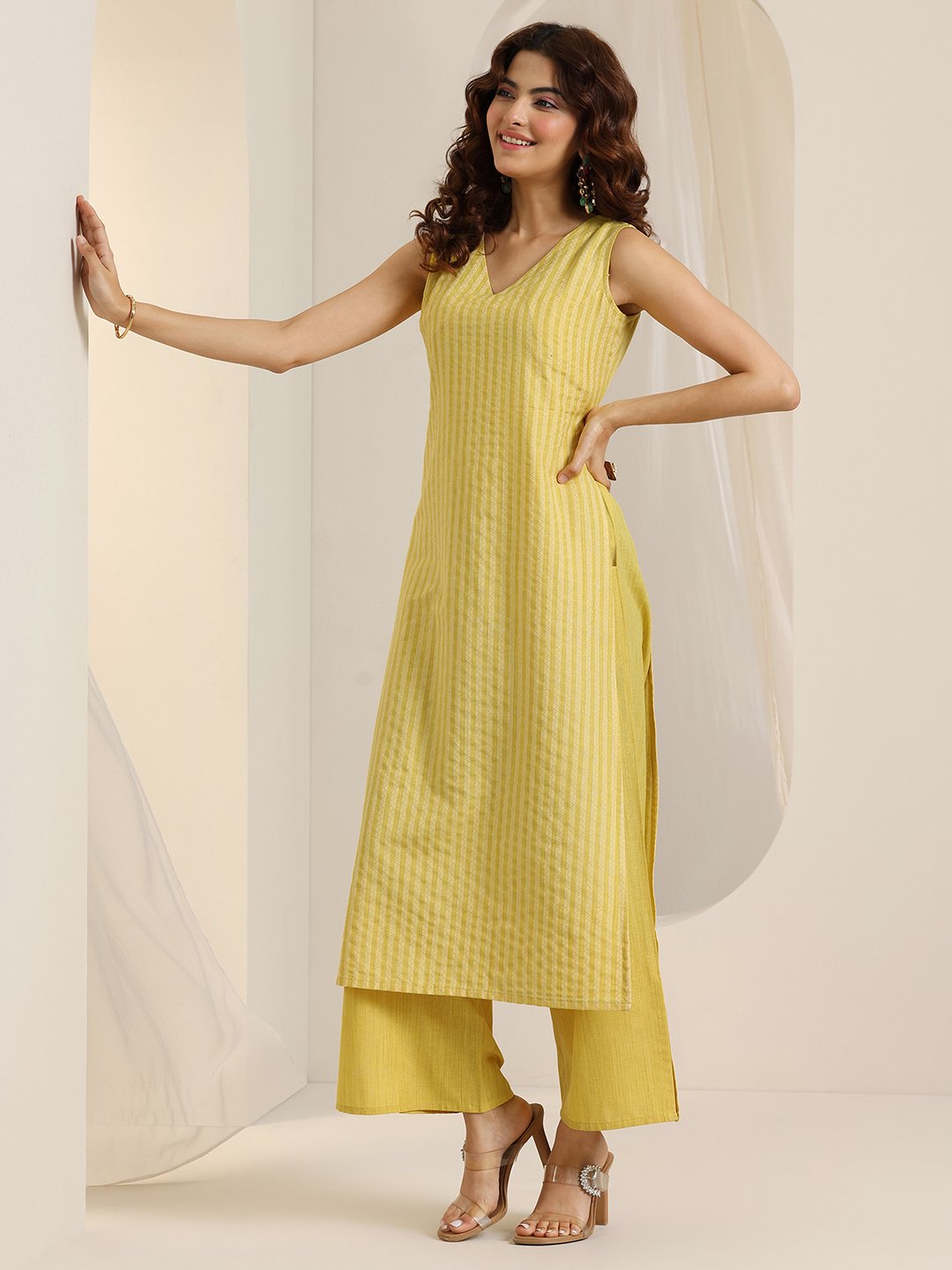 Yellow Self Design Silk Blend Straight Kurta, Palazzos and Dupatta Set