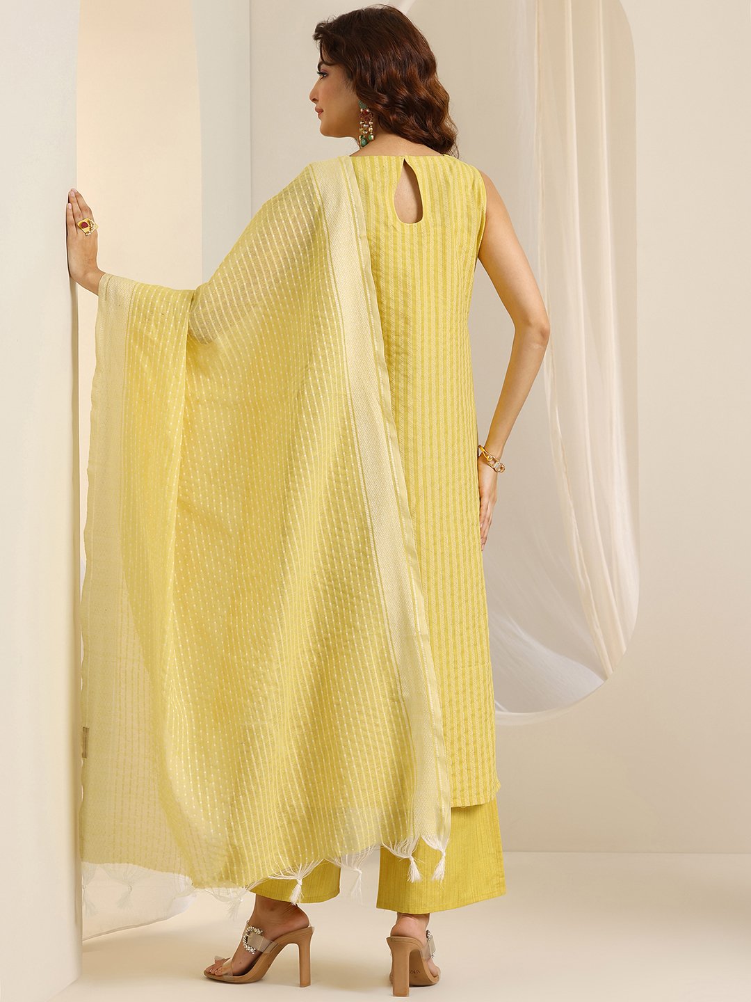 Yellow Self Design Silk Blend Straight Kurta, Palazzos and Dupatta Set
