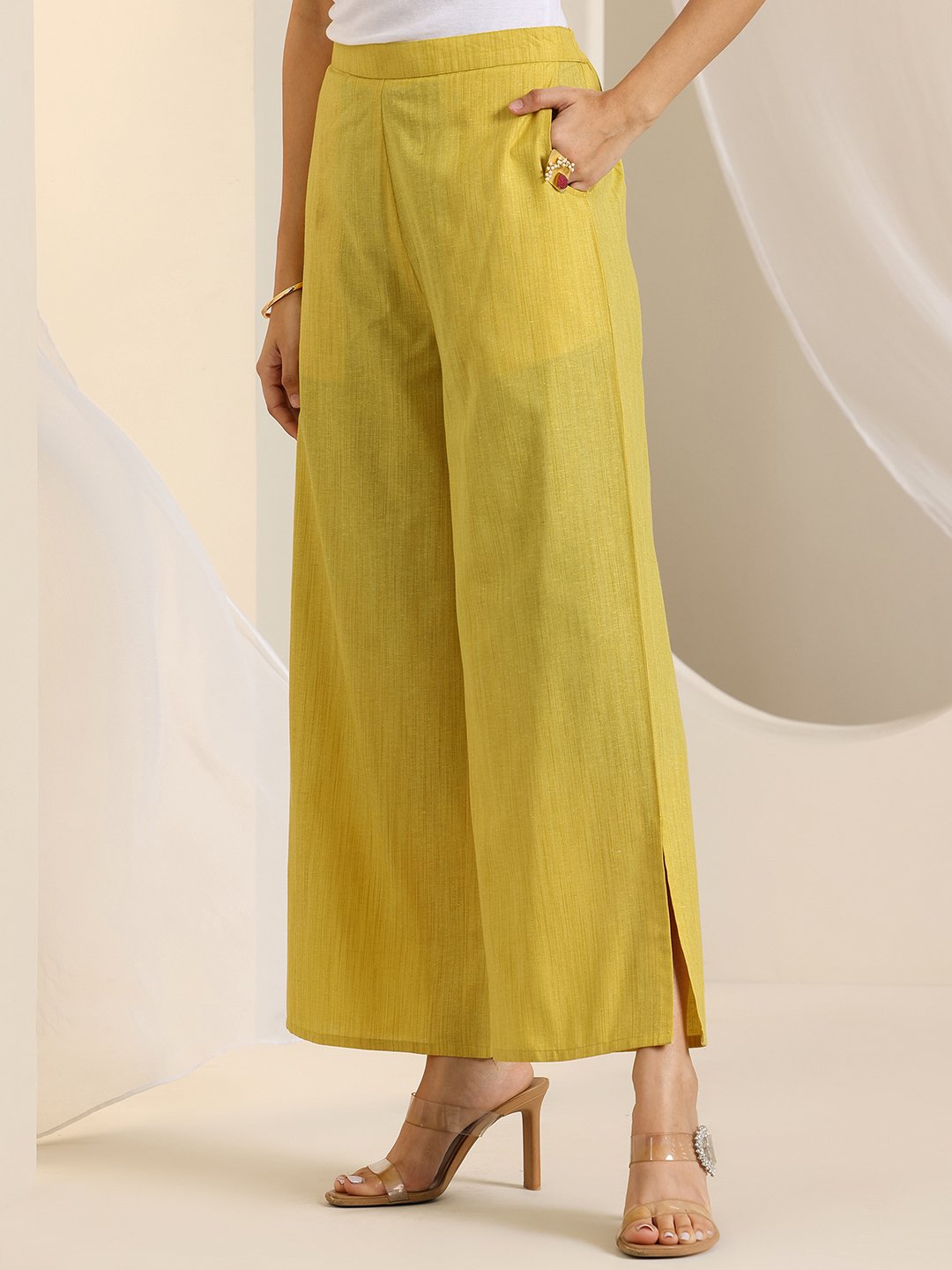 Yellow Self Design Silk Blend Straight Kurta, Palazzos and Dupatta Set