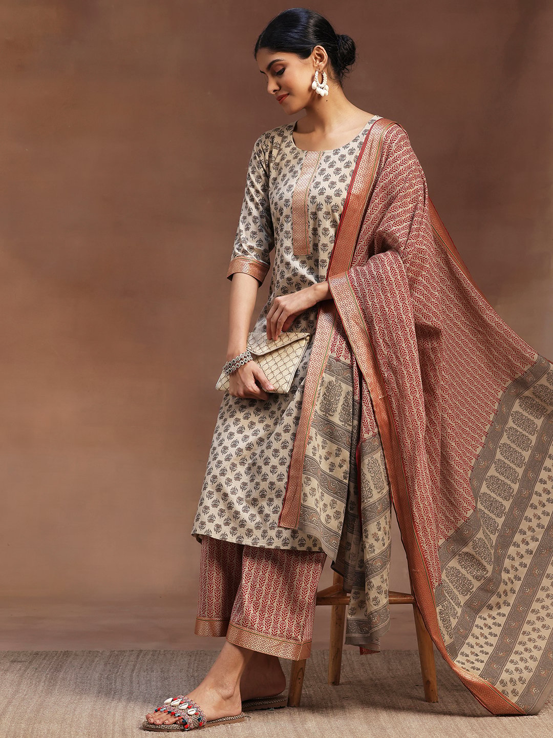 Beige Printed Cotton Straight Kurta, Palazzos and Dupatta Set