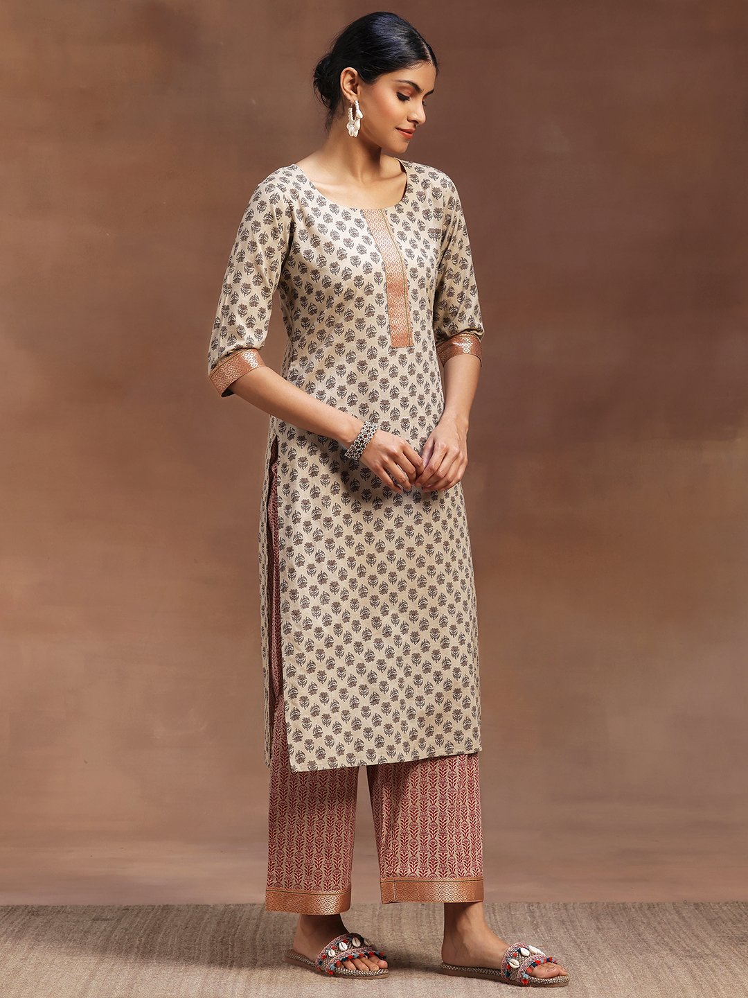 Beige Printed Cotton Straight Kurta, Palazzos and Dupatta Set