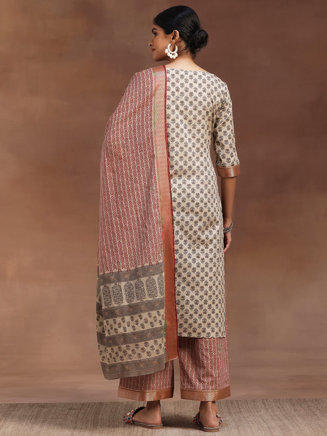 Beige Printed Cotton Straight Kurta, Palazzos and Dupatta Set