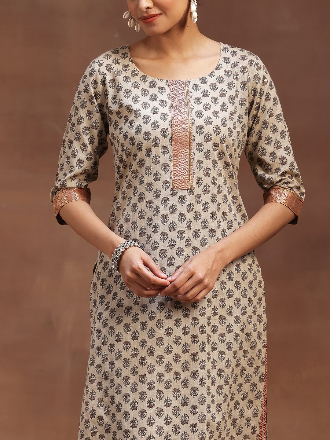 Beige Printed Cotton Straight Kurta, Palazzos and Dupatta Set