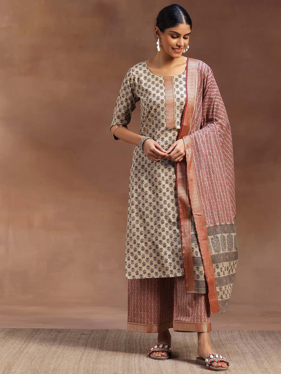 Beige Printed Cotton Straight Kurta, Palazzos and Dupatta Set