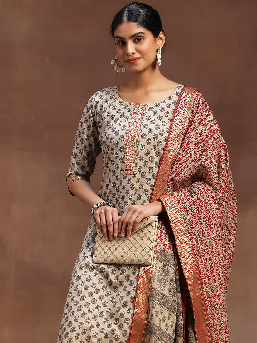 Beige Printed Cotton Straight Kurta, Palazzos and Dupatta Set