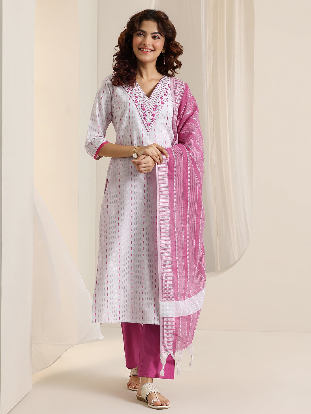 White Self Design Cotton Blend Straight Kurta, Trousers and Dupatta Set