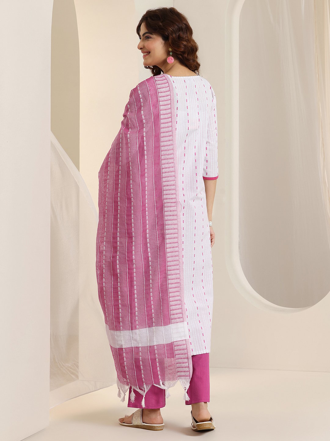 White Self Design Cotton Blend Straight Kurta, Trousers and Dupatta Set