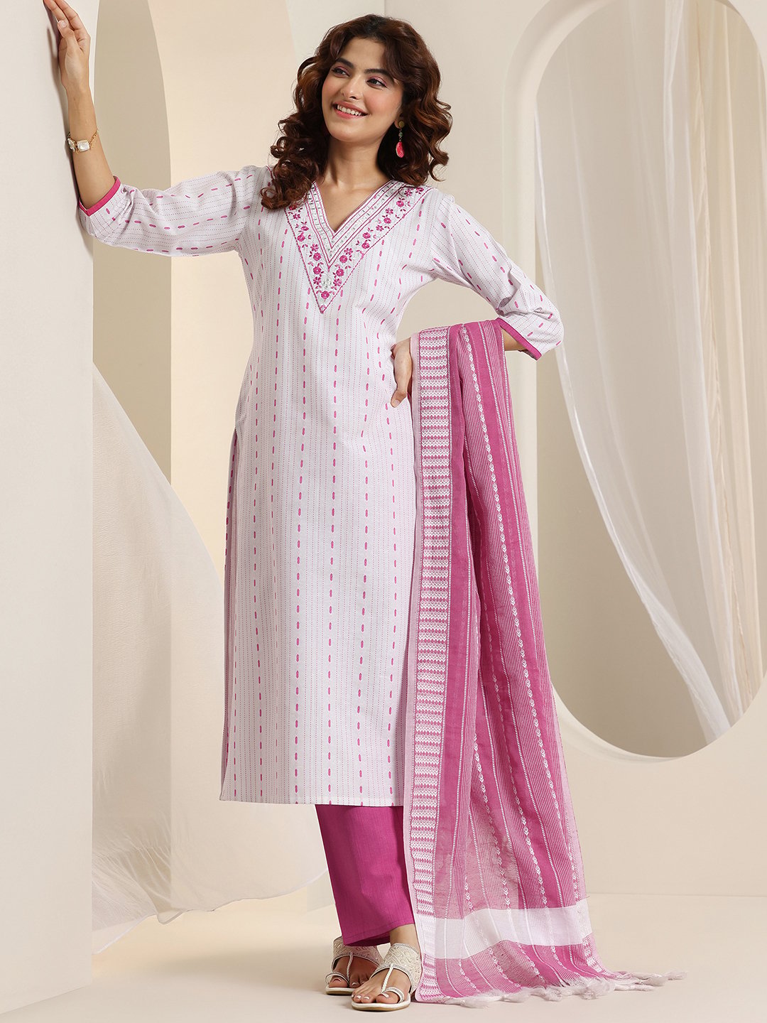 White Self Design Cotton Blend Straight Kurta, Trousers and Dupatta Set