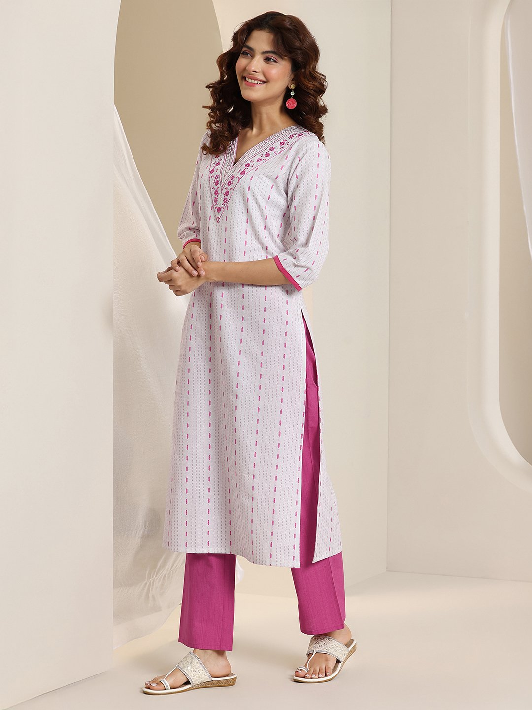 White Self Design Cotton Blend Straight Kurta, Trousers and Dupatta Set