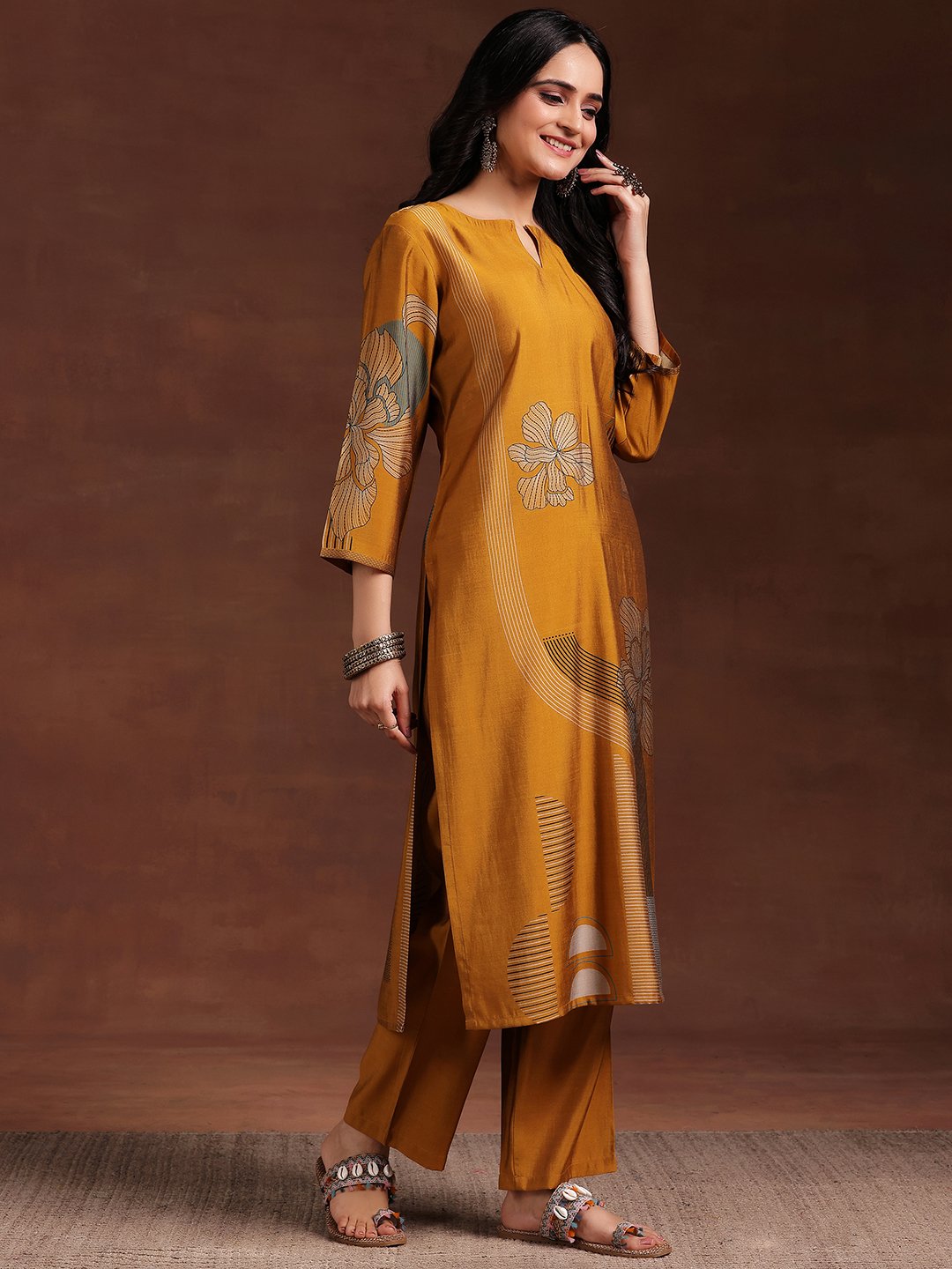 Mustard Printed Kurta Pant Set