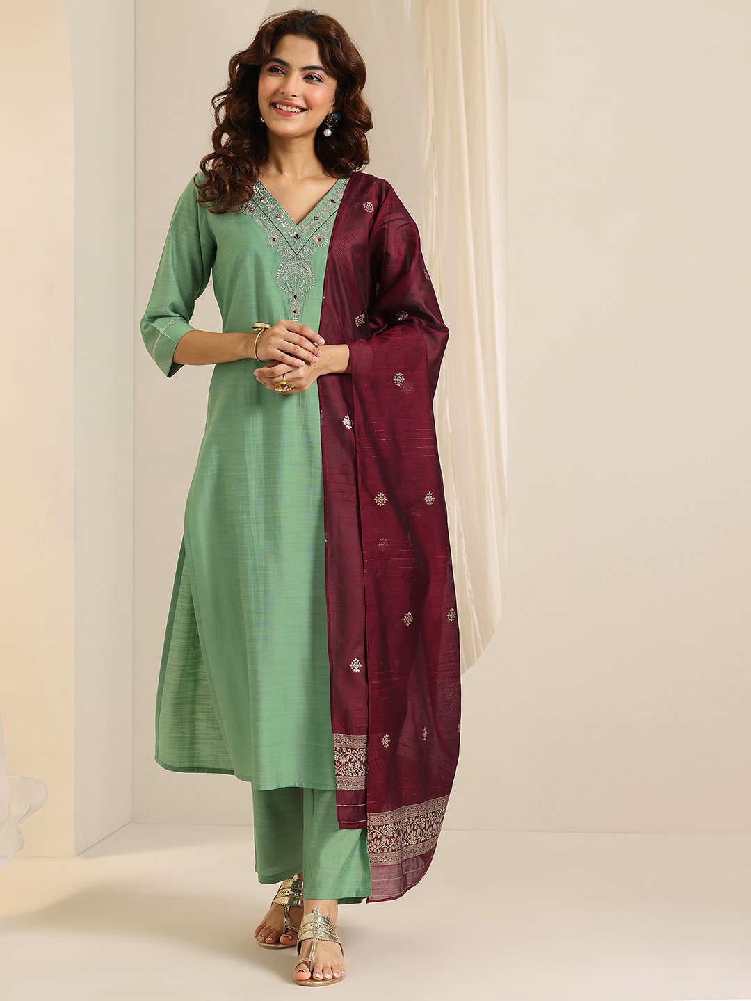 Green Yoke Design Silk Blend Straight Kurta, Trousers and Dupatta Set