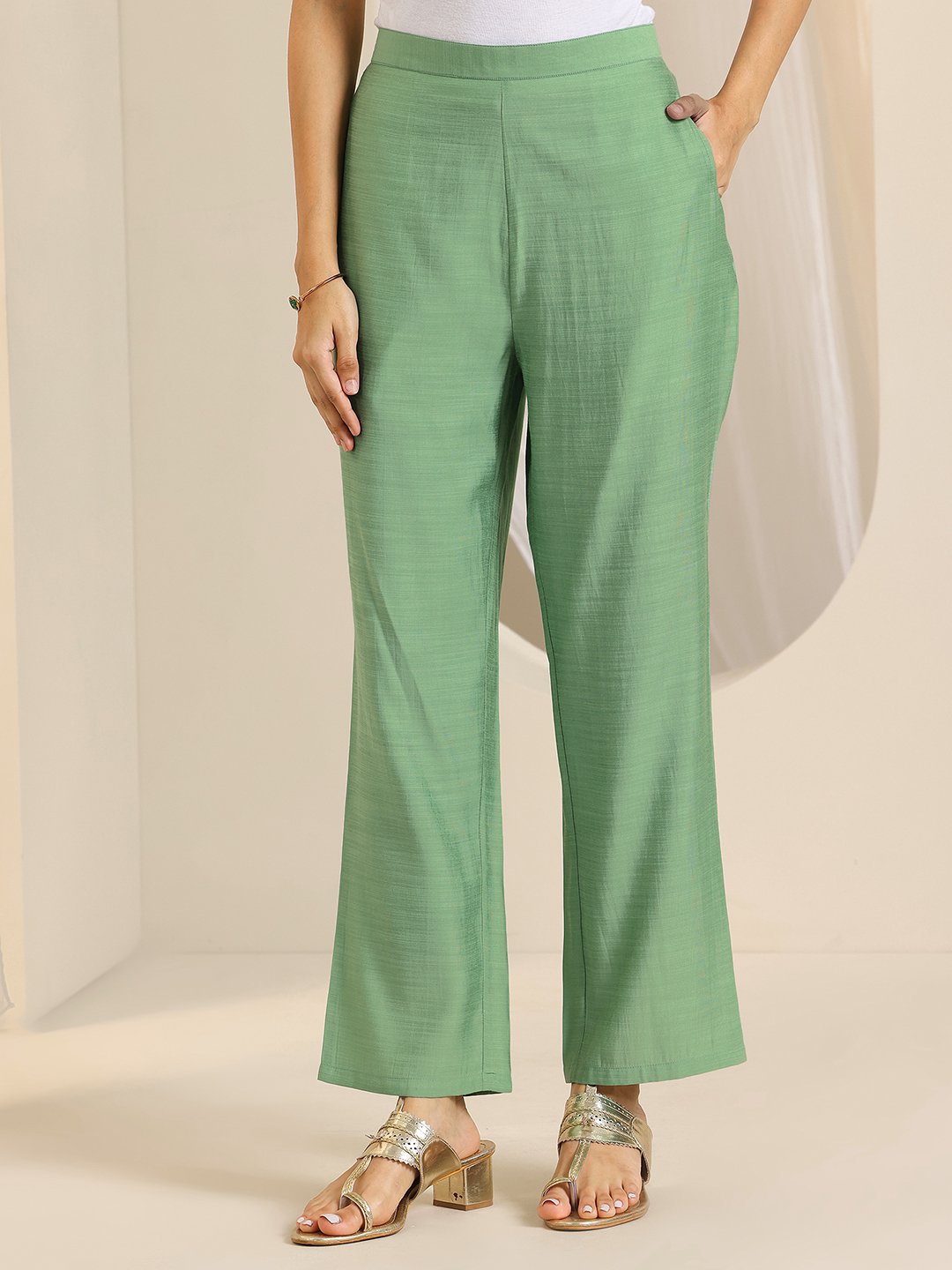 Green Yoke Design Silk Blend Straight Kurta, Trousers and Dupatta Set