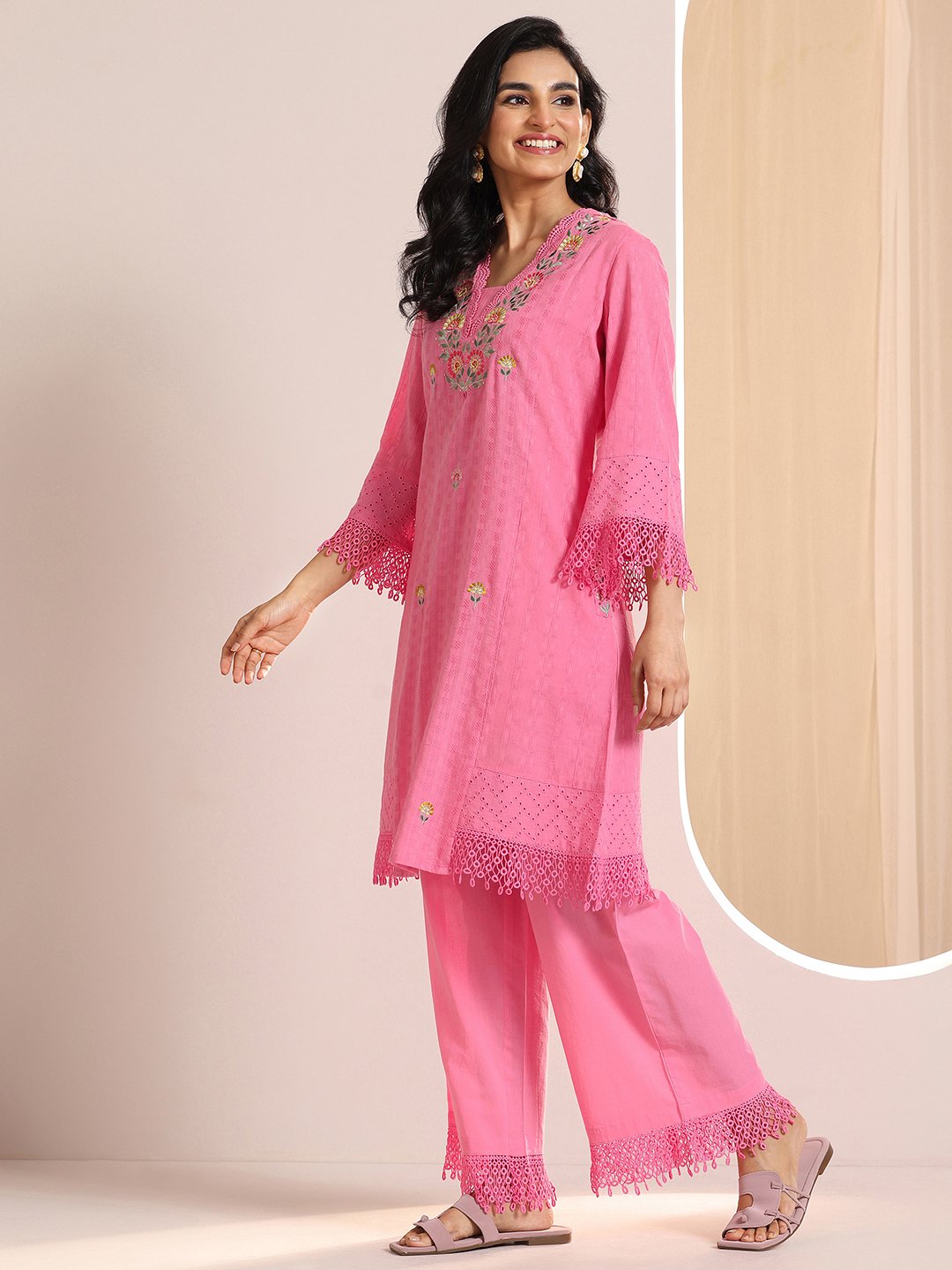 Pink Embroidered Cotton Straight Kurta, Palazzos and Dupatta Set