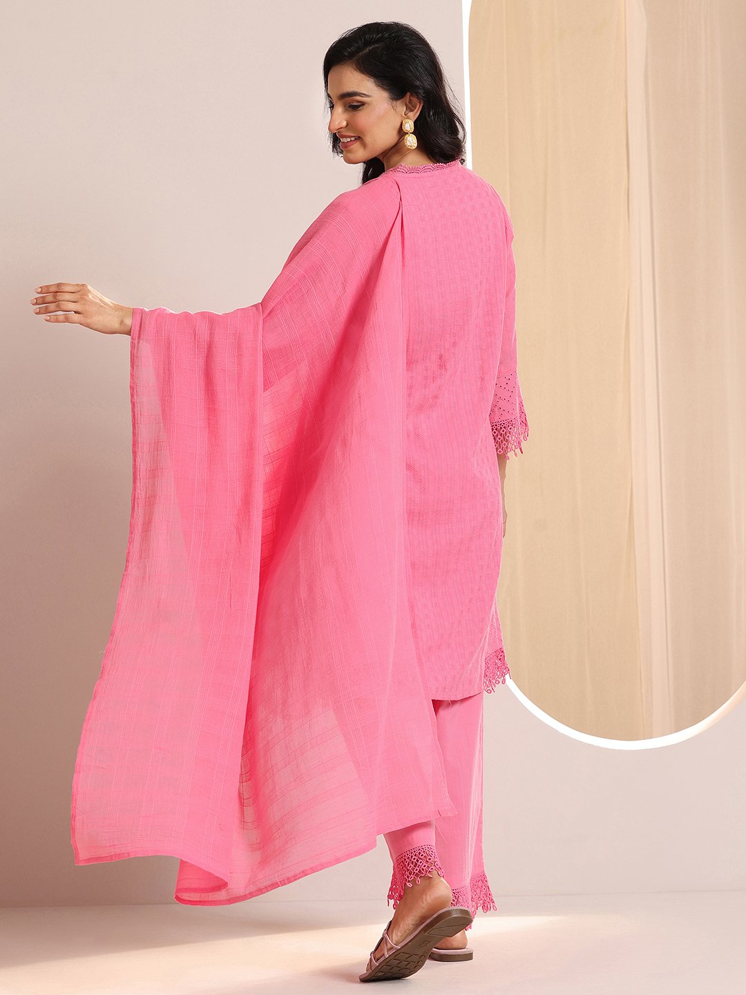 Pink Embroidered Cotton Straight Kurta, Palazzos and Dupatta Set