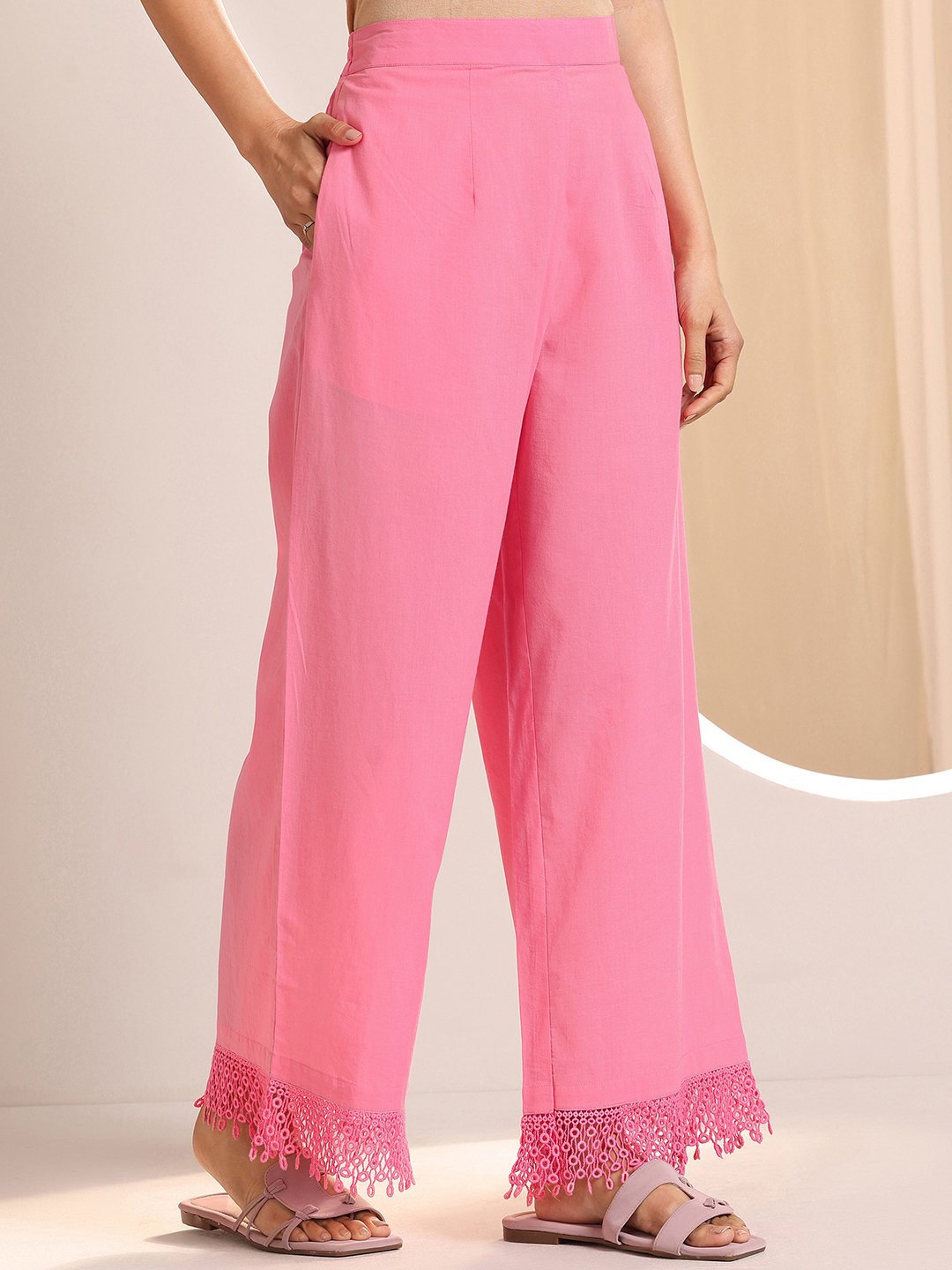 Pink Embroidered Cotton Straight Kurta, Palazzos and Dupatta Set