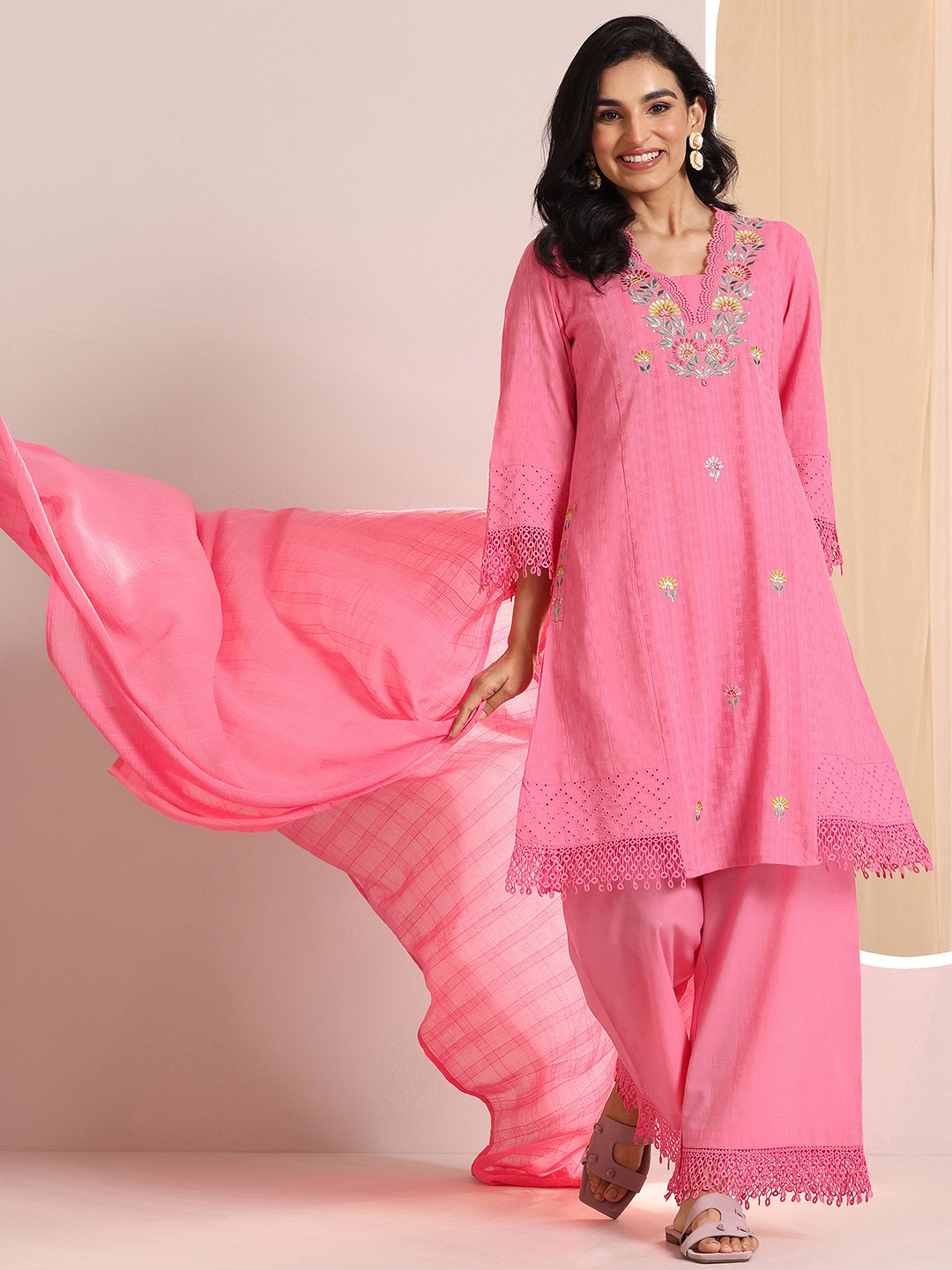 Pink Embroidered Cotton Straight Kurta, Palazzos and Dupatta Set