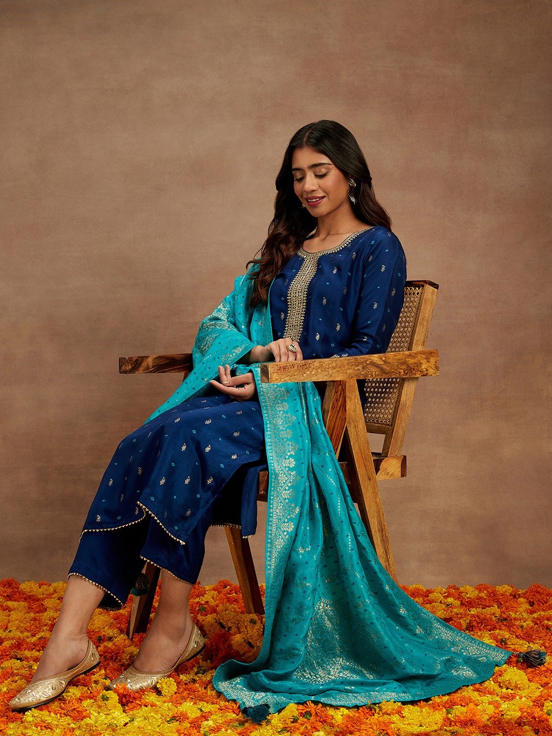 Blue Self Design Silk Straight Kurta, Trousers and Dupatta Set