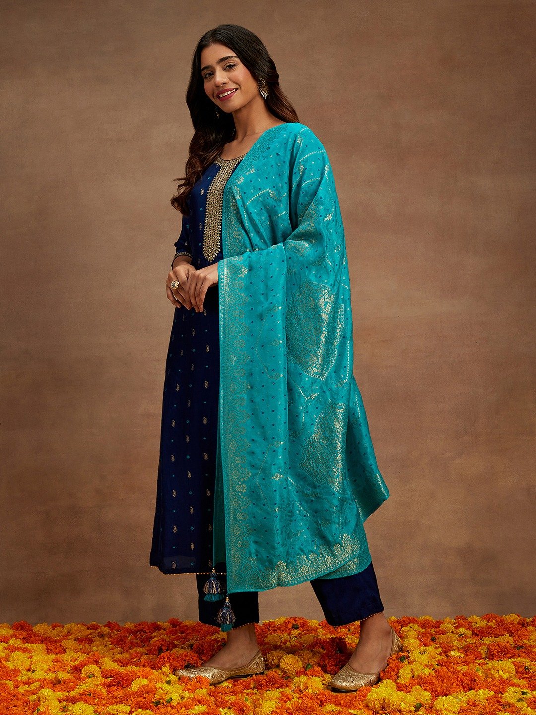 Blue Self Design Silk Straight Kurta, Trousers and Dupatta Set