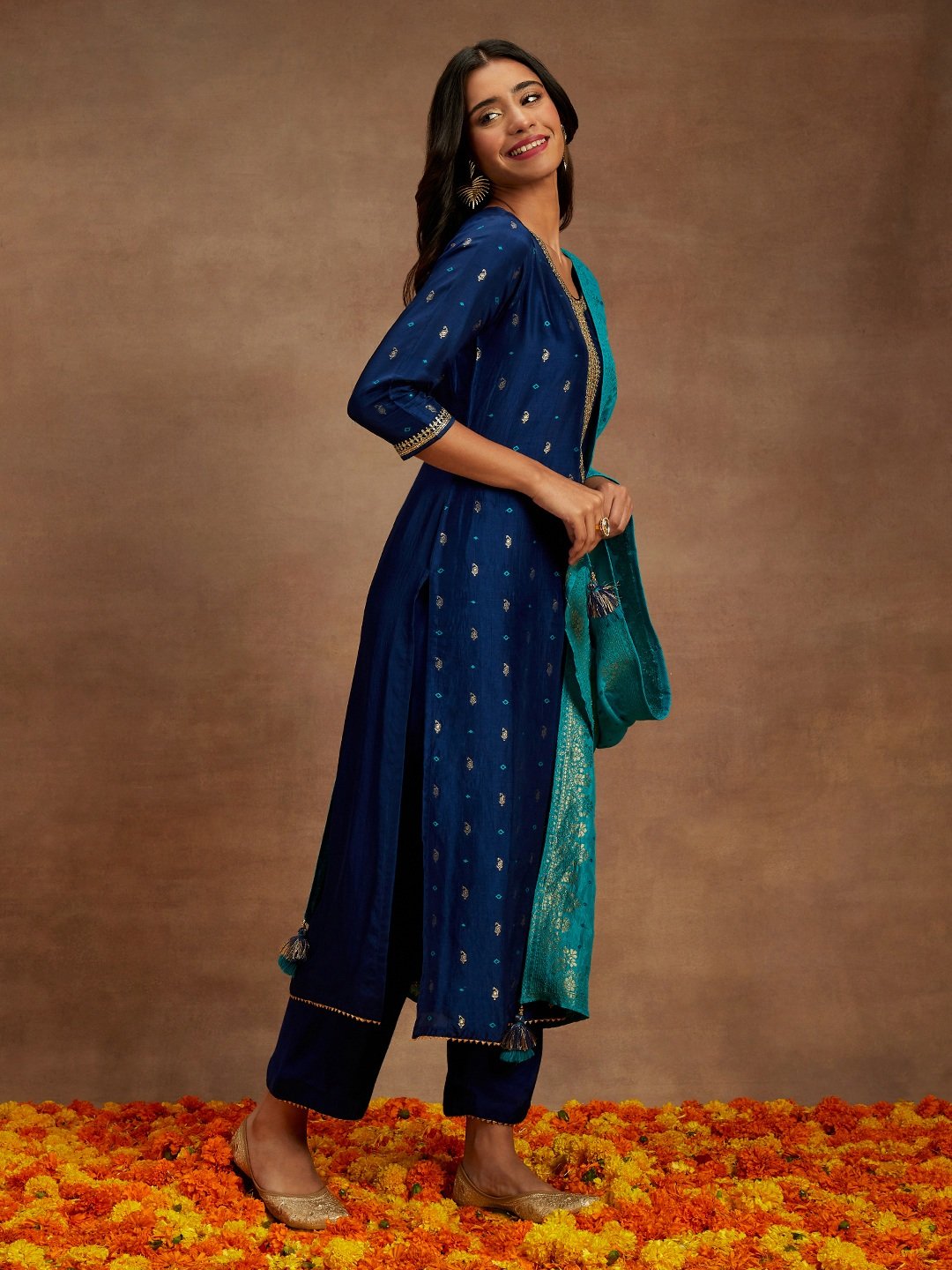 Blue Self Design Silk Straight Kurta, Trousers and Dupatta Set