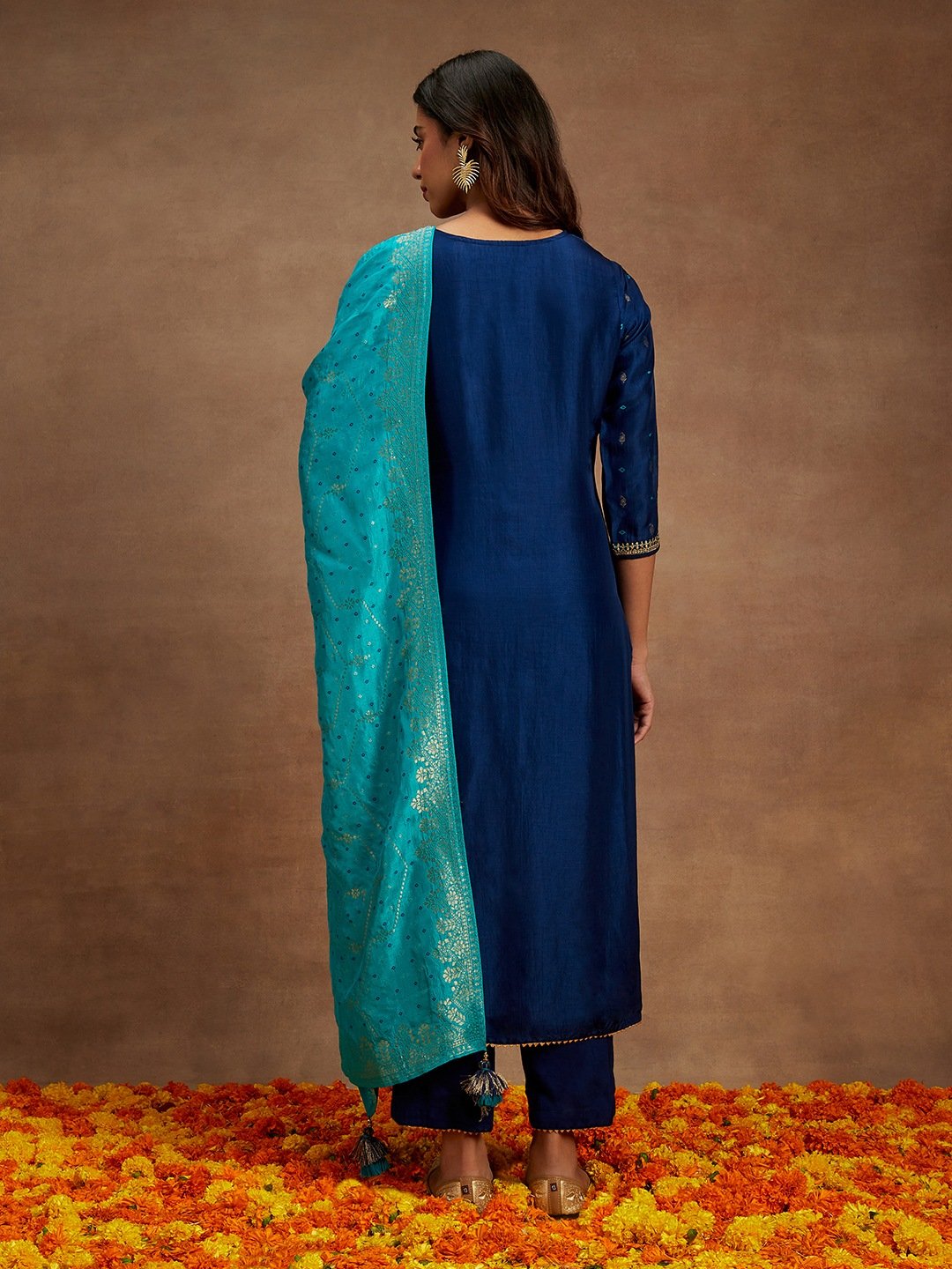 Blue Self Design Silk Straight Kurta, Trousers and Dupatta Set