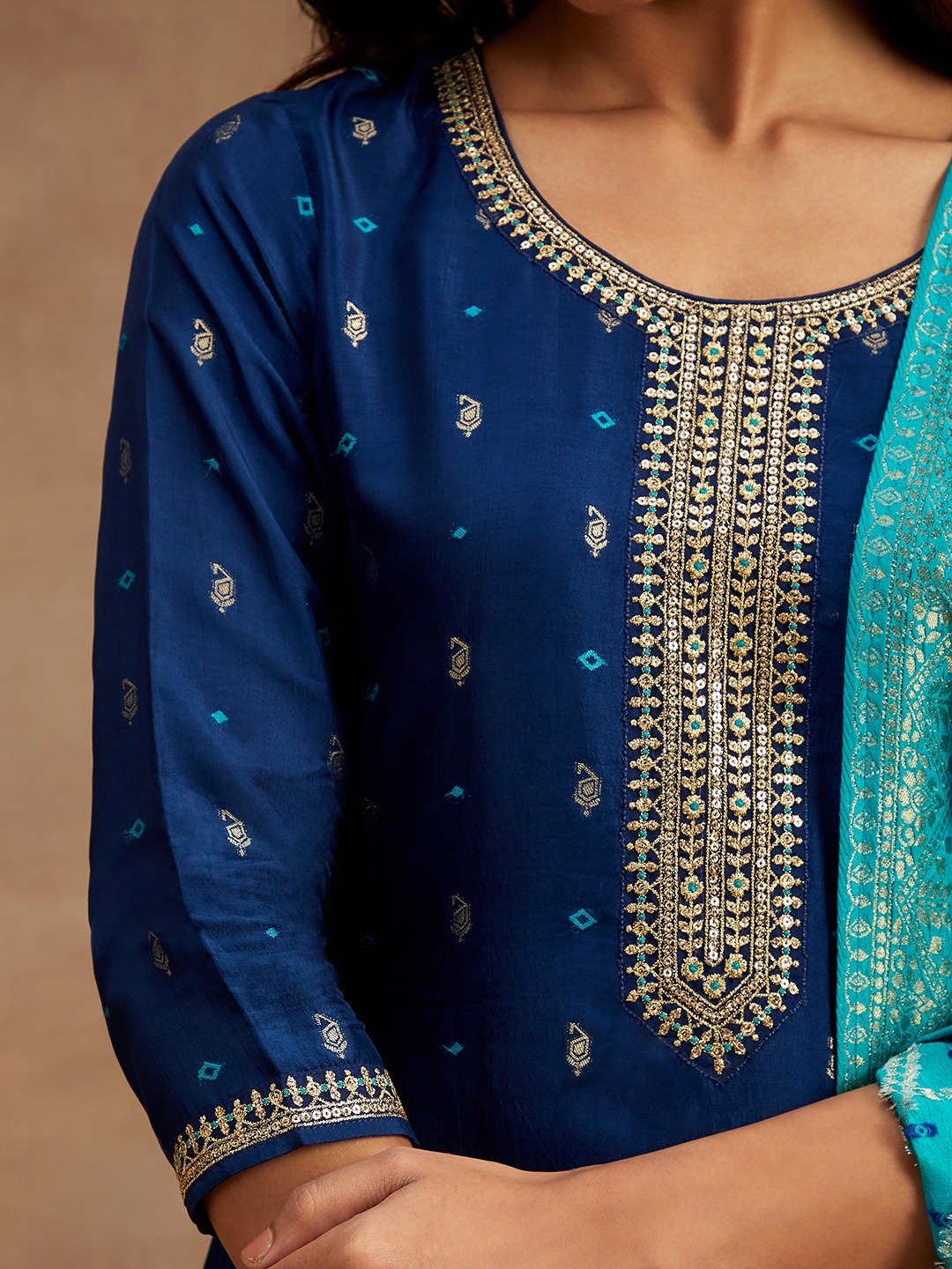 Blue Self Design Silk Straight Kurta, Trousers and Dupatta Set